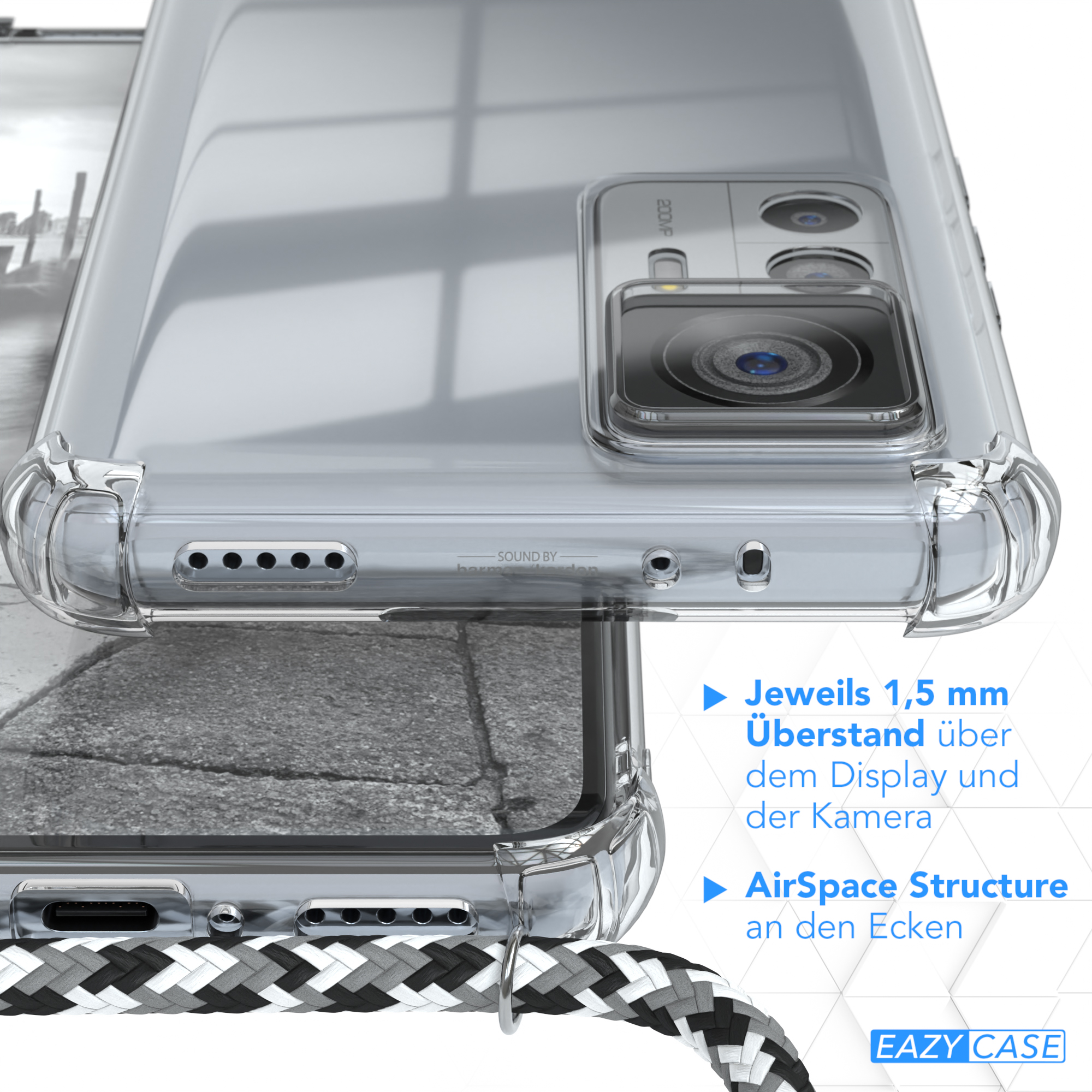 Transparente Handyhülle auf einem Telefon mit Text und schwarz-weißem Kabel.