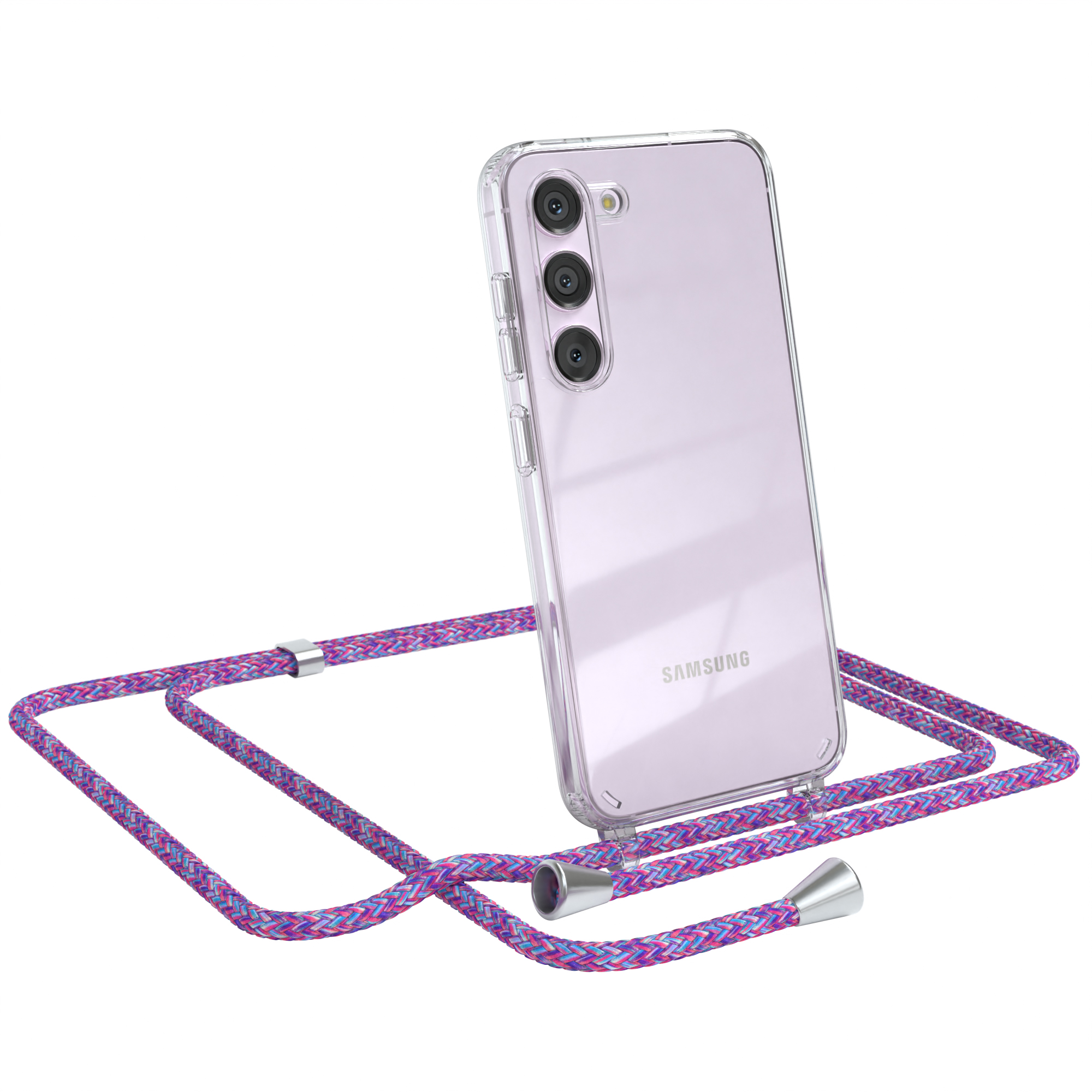 Eine transparente Handyhülle mit einem rosa Telefon und einem lila Handyband. Der Hintergrund ist weiß.