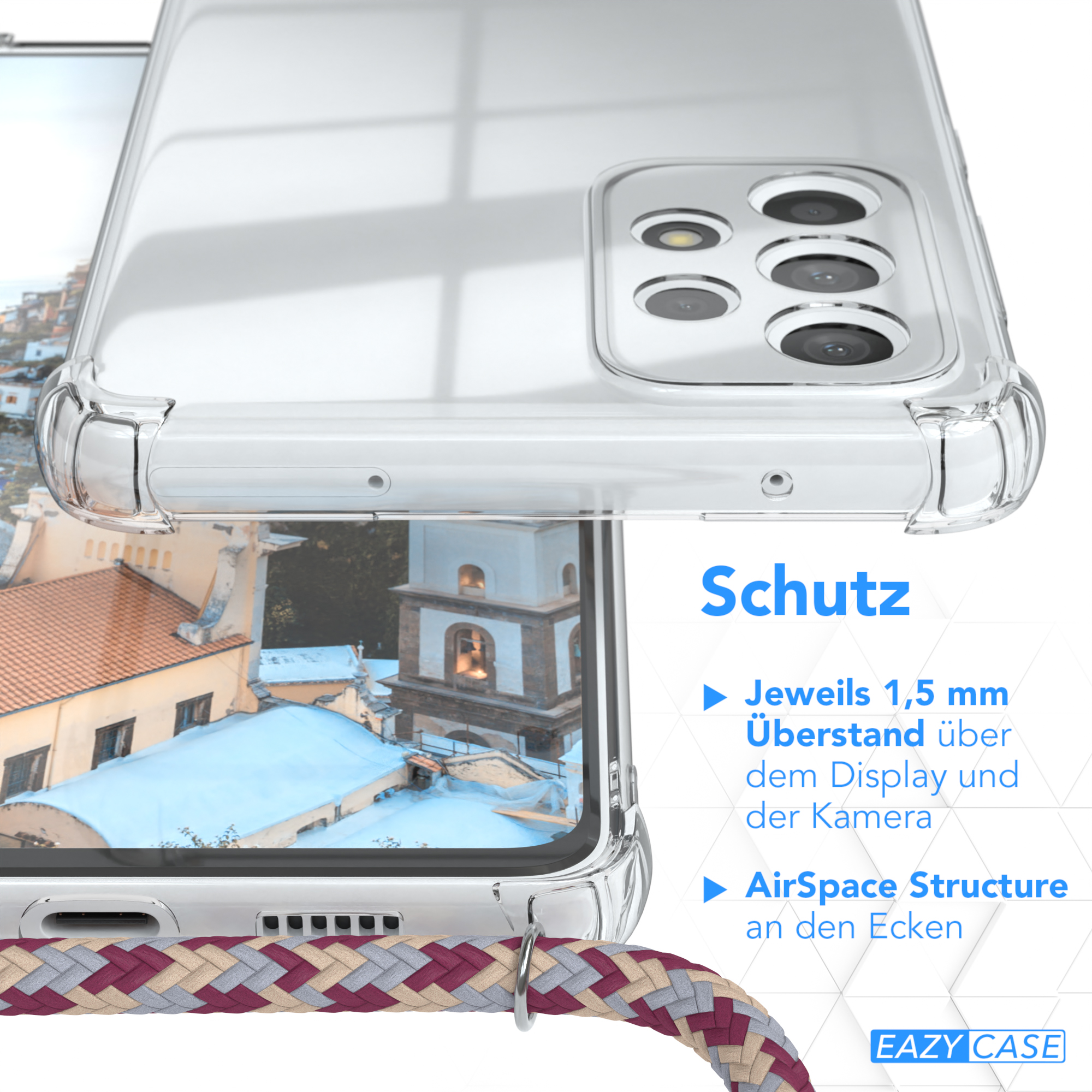 Eine transparente Handyhülle über einem Telefon, mit einem Stadtlandschaftsfoto und dem Wort „Schutz“.