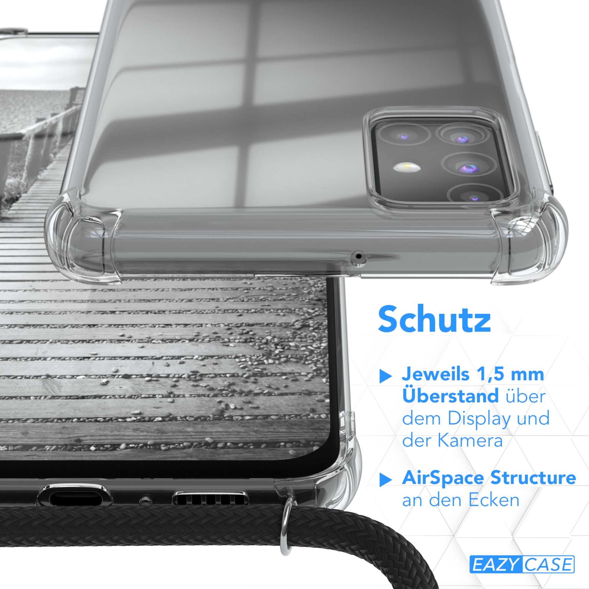 Telefonhülle auf einem Telefon. Die Hülle ist klar mit Text, und eine schwarze Schnur ist zu sehen. Blauer Hintergrund.