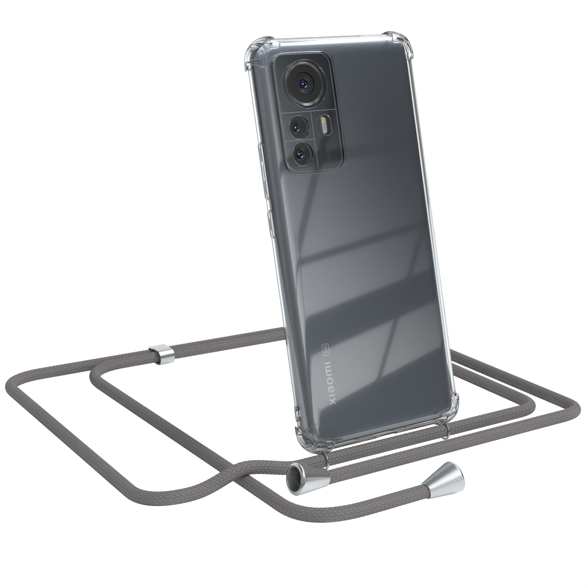 Transparente Handyhülle mit grauem Kabel und silbernen Akzenten. Telefon ist schwarz. Weißer Hintergrund.
