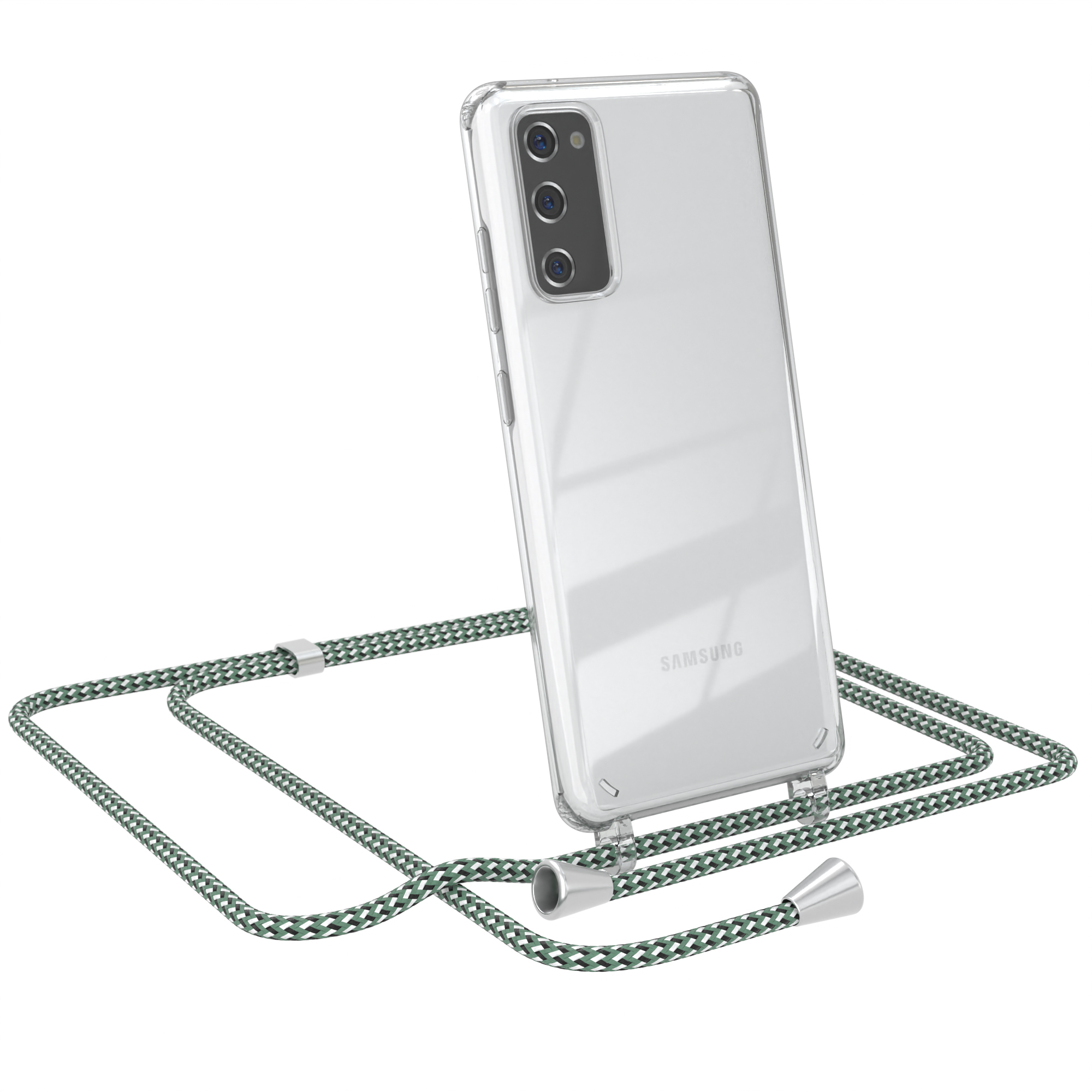 Transparente Handyhülle mit grün-weißem Riemen, auf weißem Hintergrund.