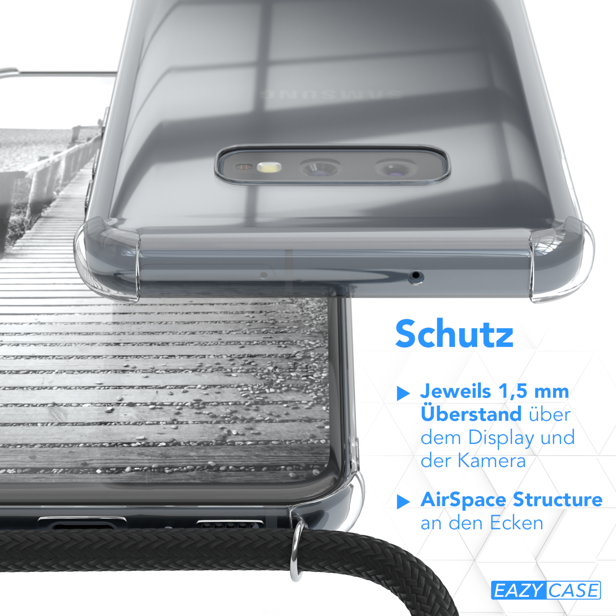 Transparente Handyhülle mit Text über Schutzfunktionen.