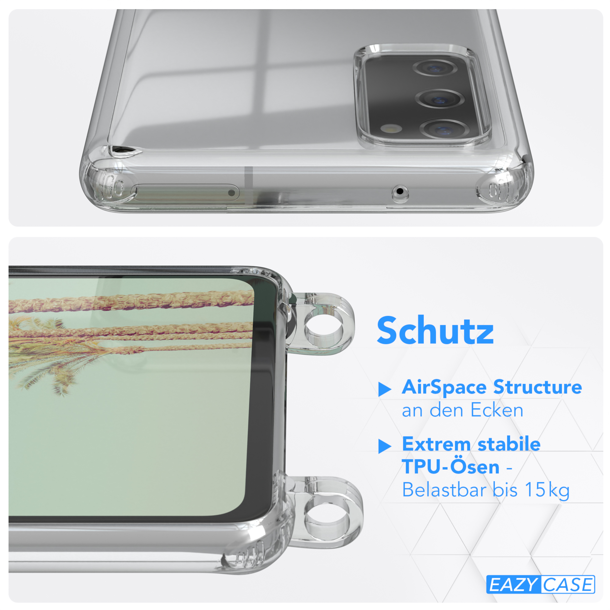 Nahaufnahme einer transparenten Handyhülle mit Telefon. Text lautet Schutz.
