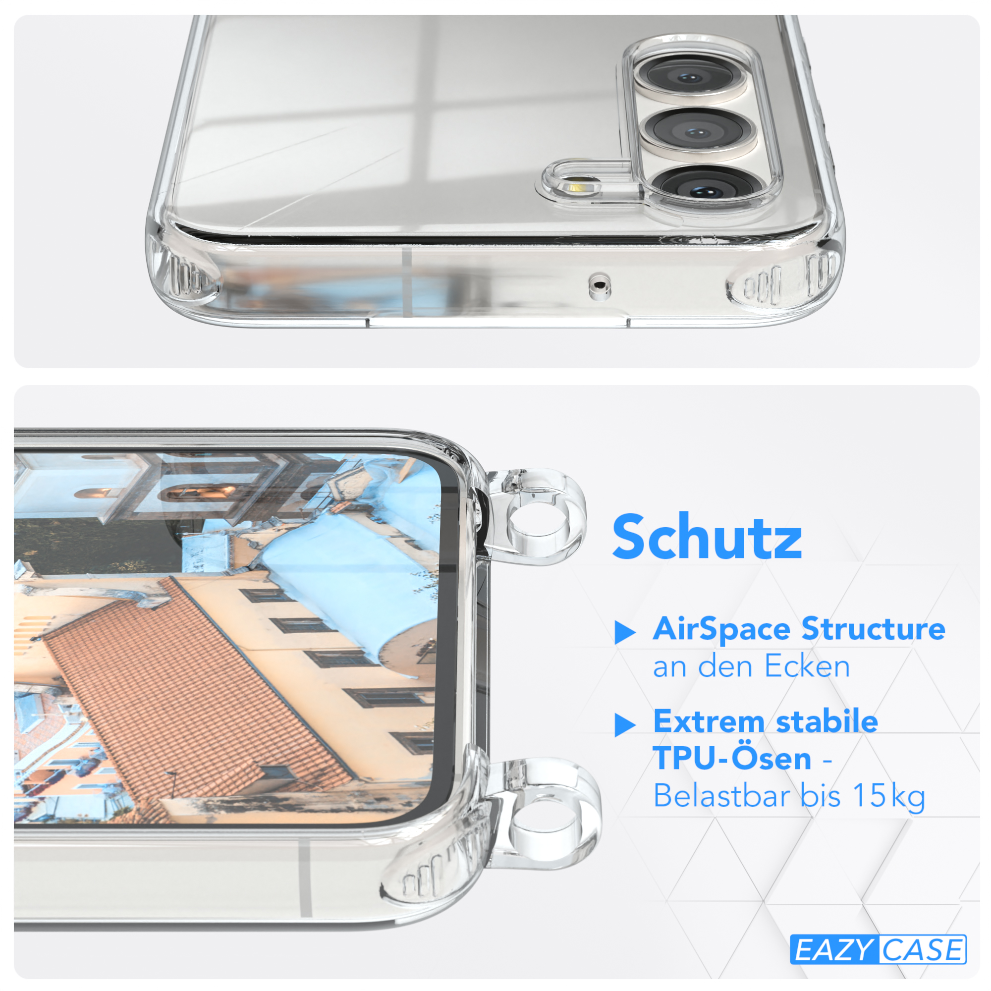 Nahaufnahme einer Handyhülle mit Schutzfunktionen und Details. Die Handyhülle ist transparent.