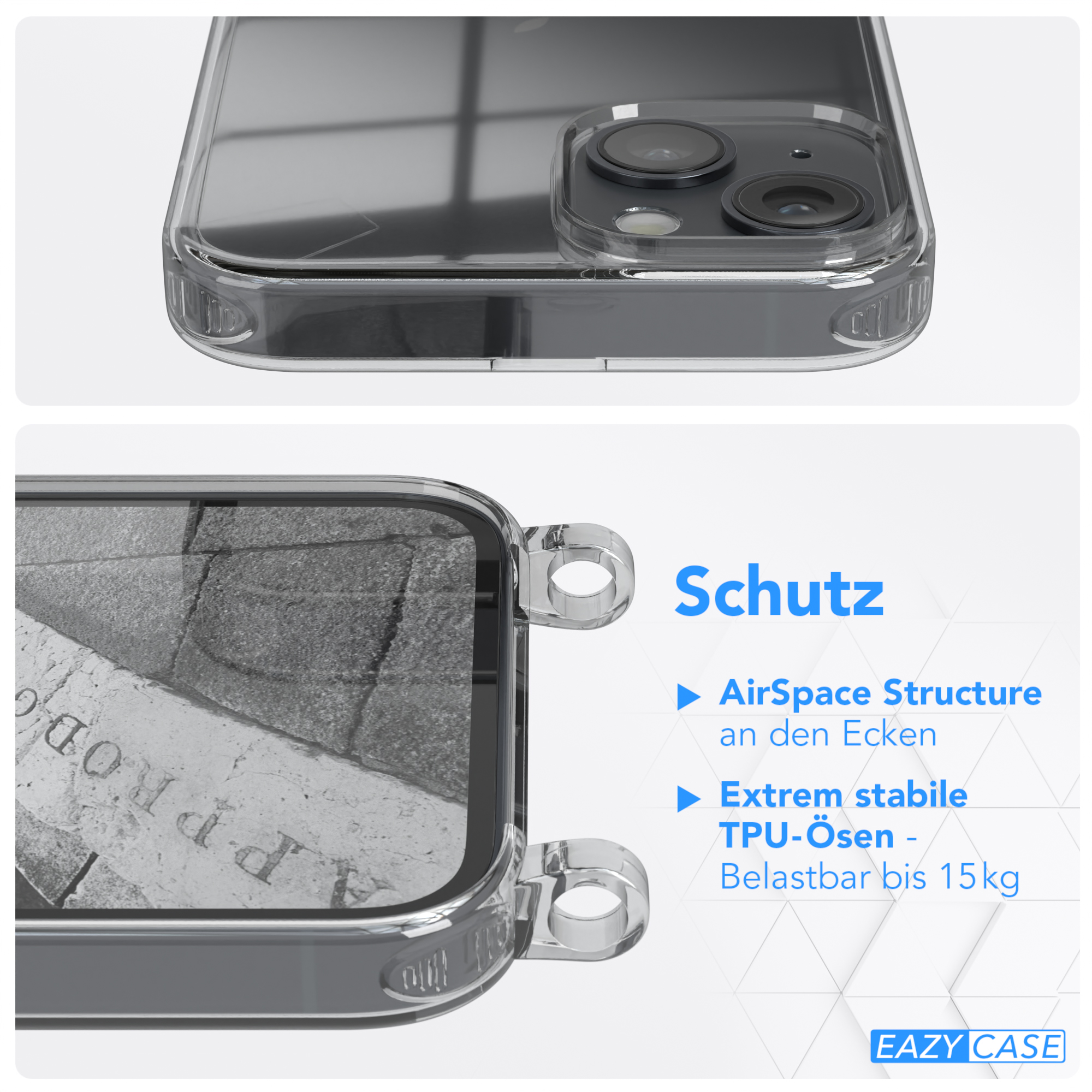 Transparente Handyhülle mit Text: AirSpace Structure und TPU-Ösen.