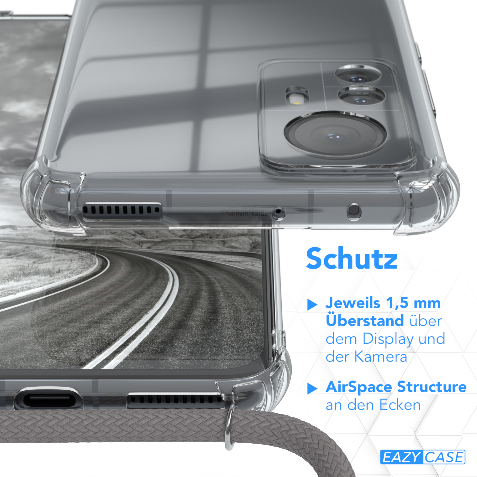 Klare Handyhülle auf Straßenhintergrund. Text hebt Schutzfunktionen wie Display- und Eckenschutz hervor.