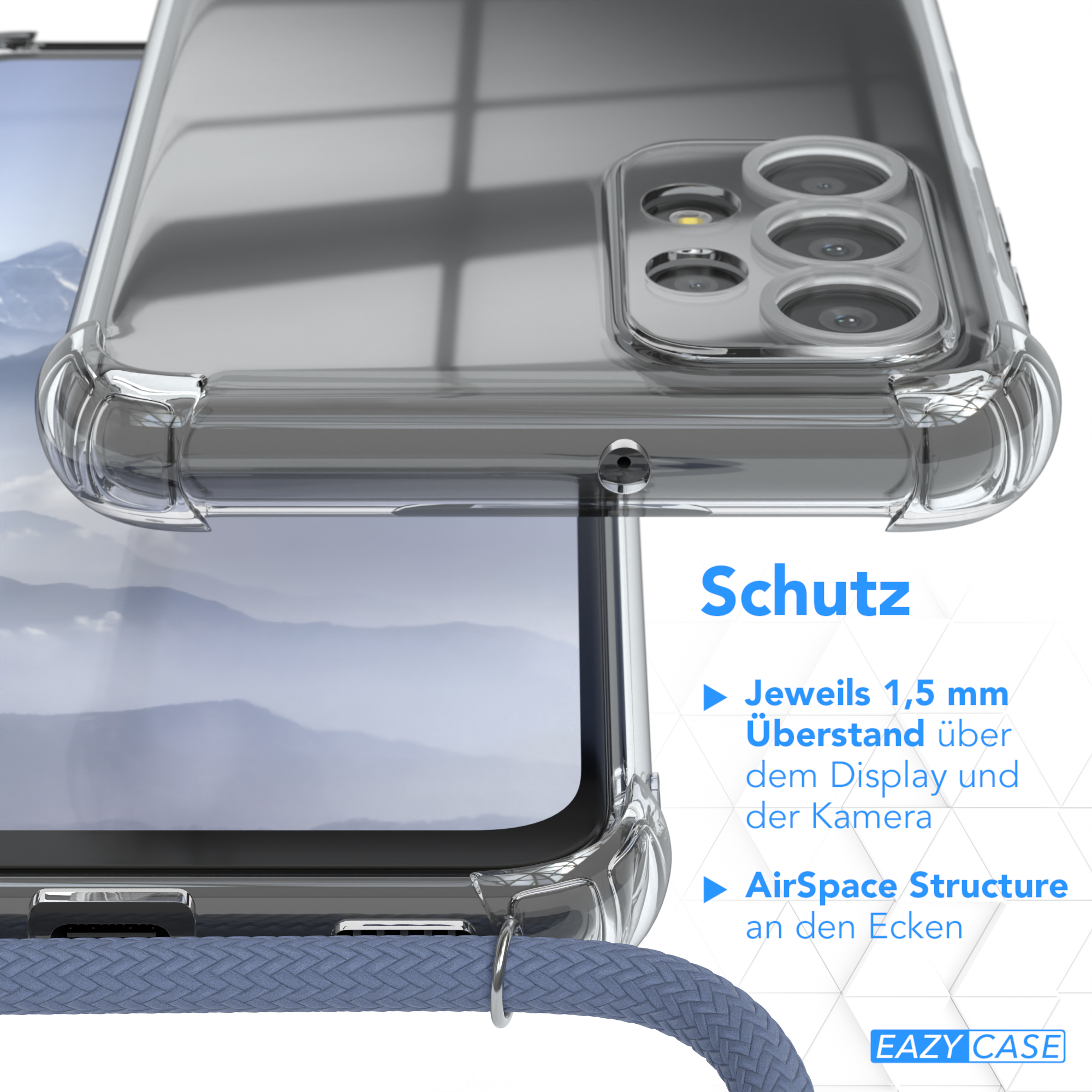 Transparente Handyhülle auf einem Telefon. Text: Schutz, AirSpace Structure. Blaues Kabeldetail. Blauer Hintergrund.