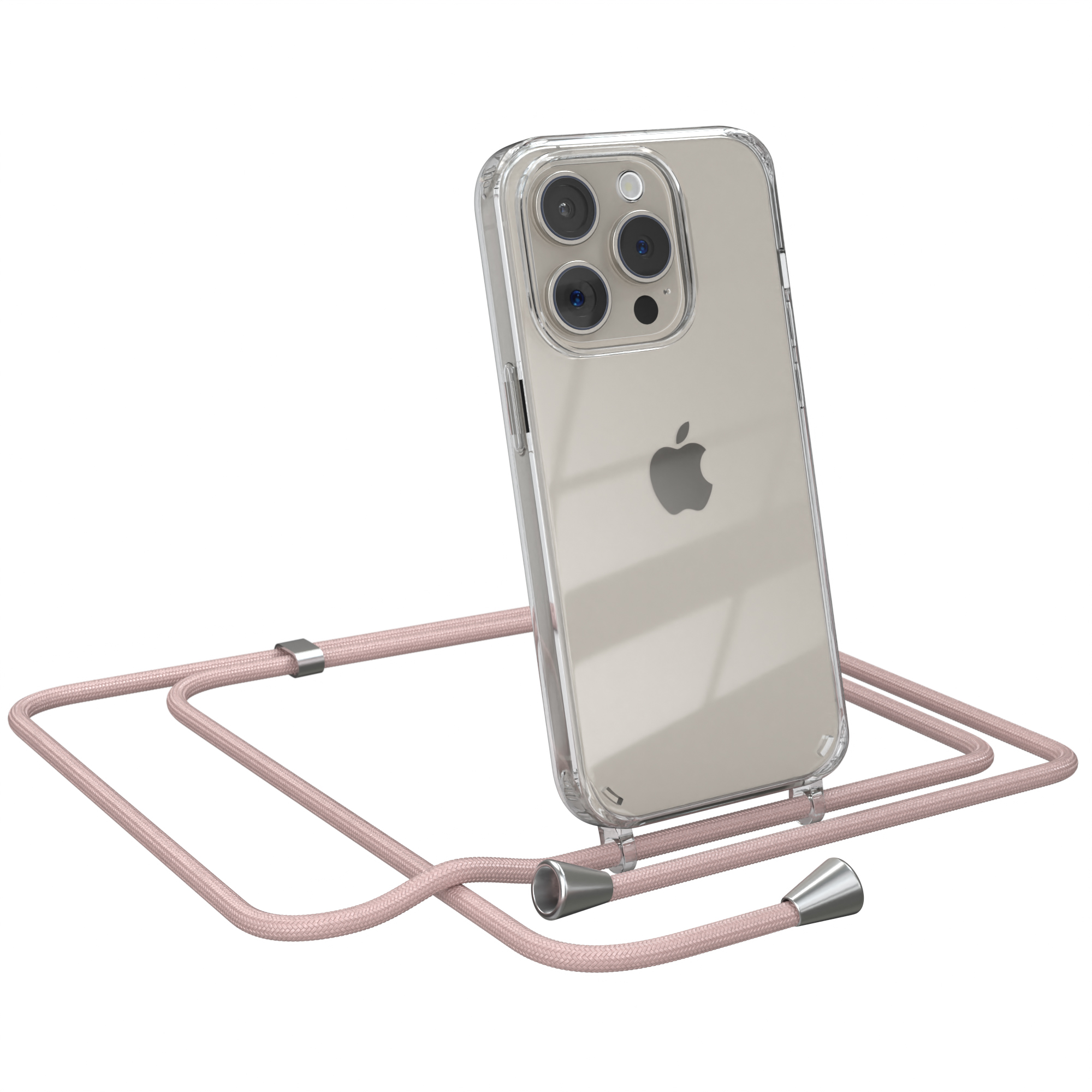 Transparente Handyhülle mit rosa Kordel. Das Handy hat ein silbernes Apple-Logo.