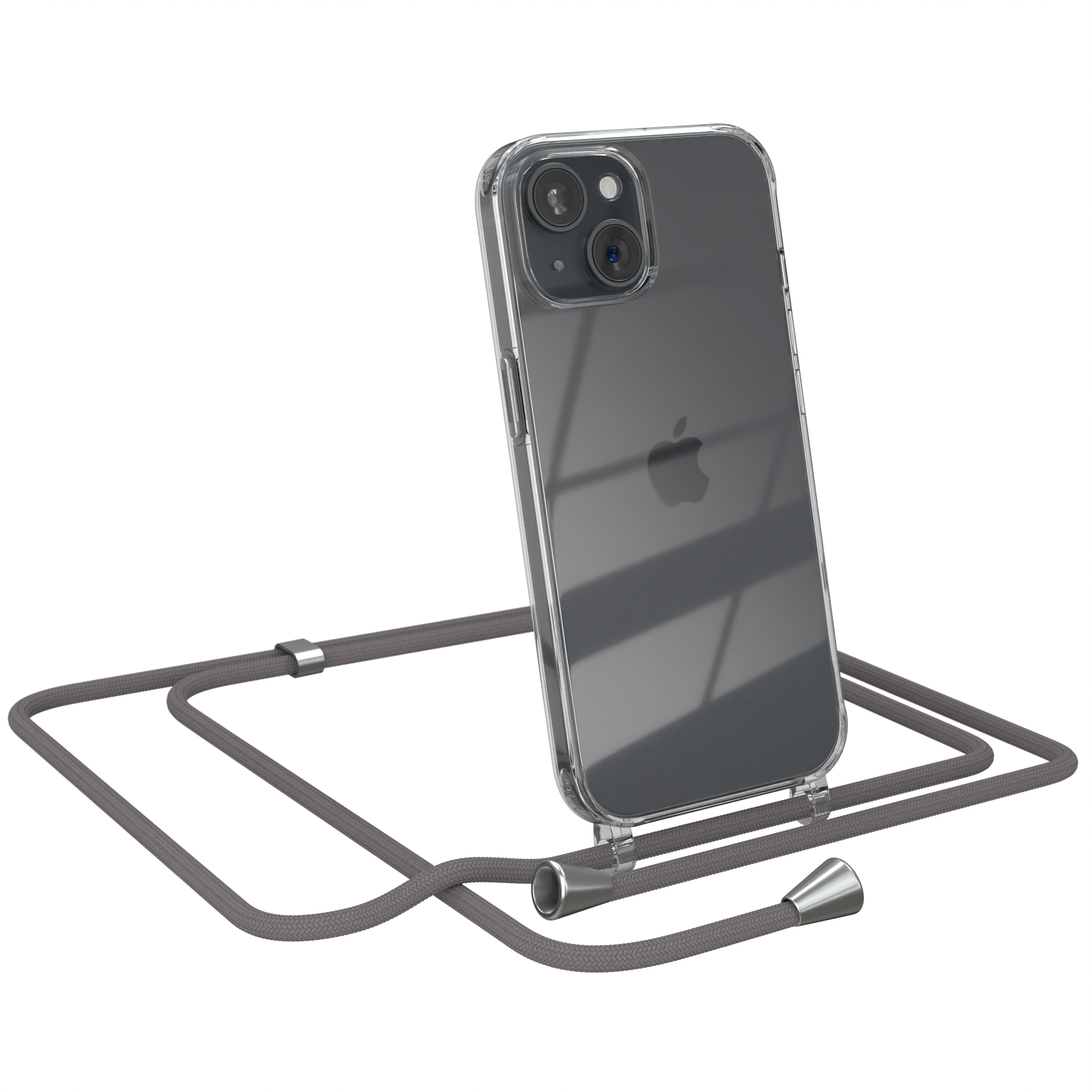 Transparente Handyhülle mit grauem Telefon, grauem Umhängeband und silbernem Verbinder.