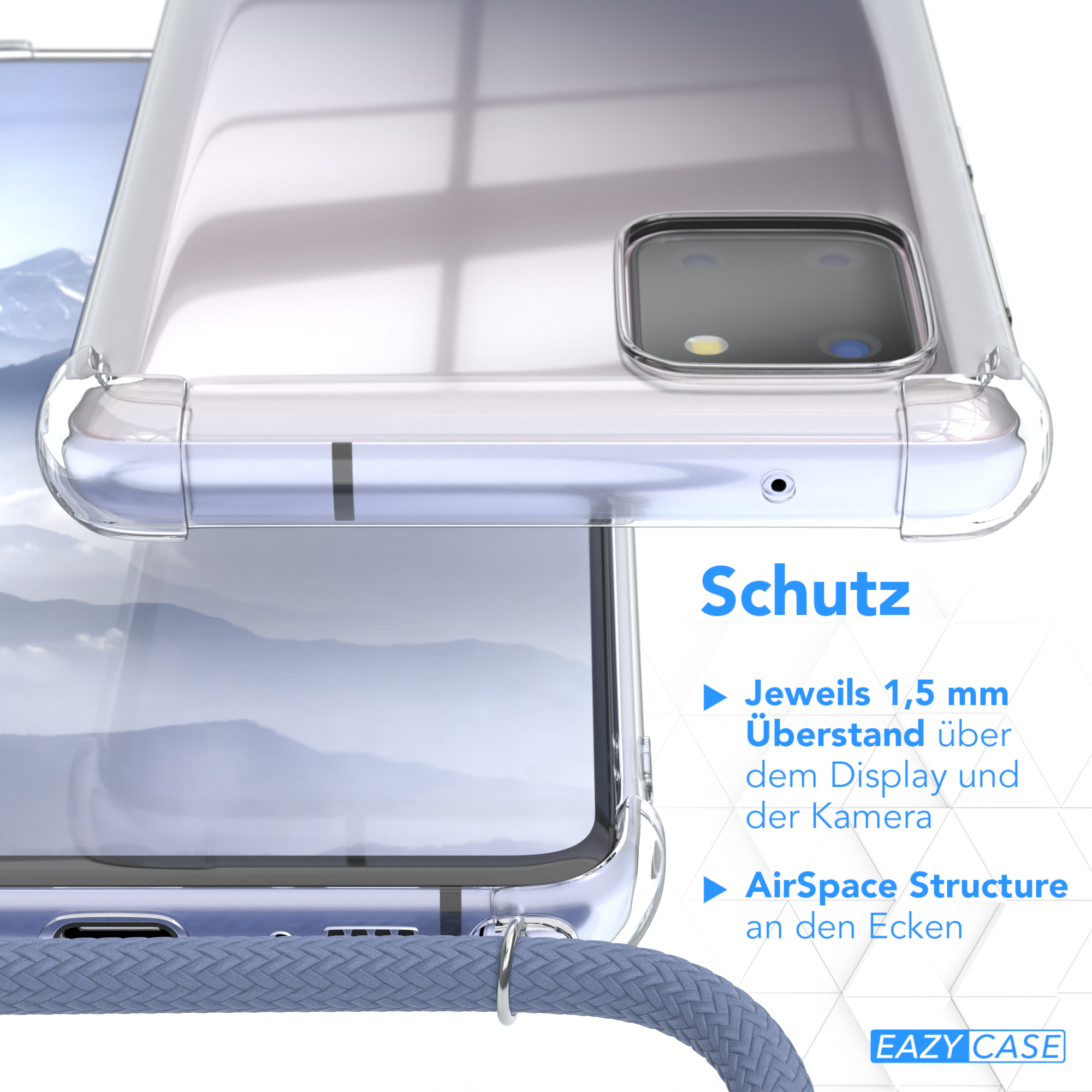 Nahaufnahme eines Telefons mit Schutzhülle. Text: Schutz. Eazy Case Logo. Blaues Umhängeband.