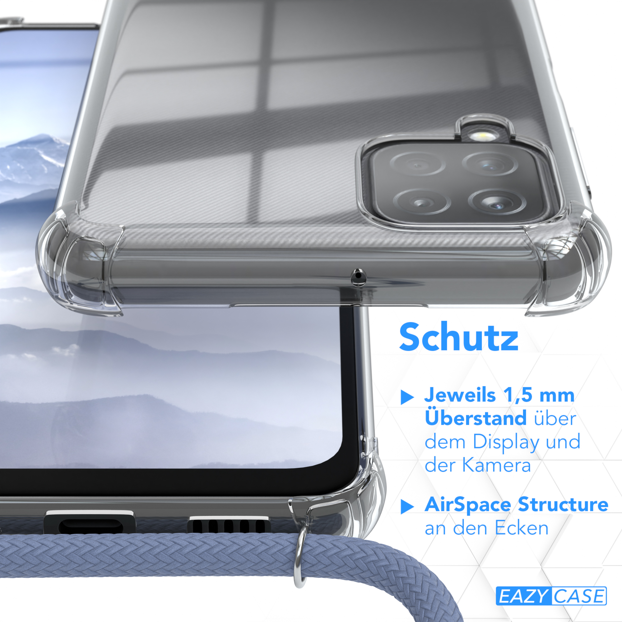 Transparente Handyhülle auf einem Handy mit Text, der Schutzfunktionen beschreibt.