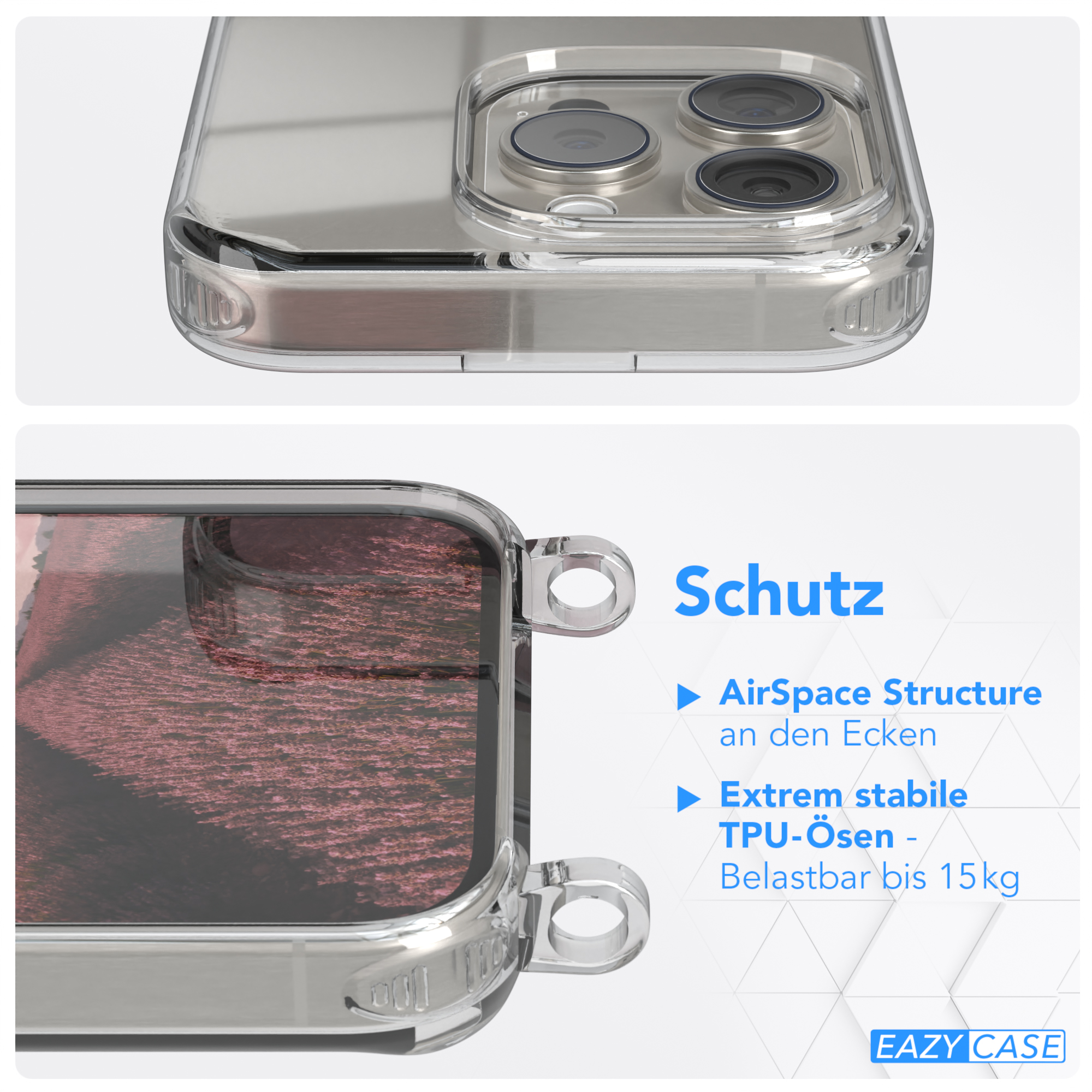 Cover CASE Pro, Rosé mit / Umhängeband, Clear 15 iPhone EAZY Apple, Clips Umhängetasche, Silber