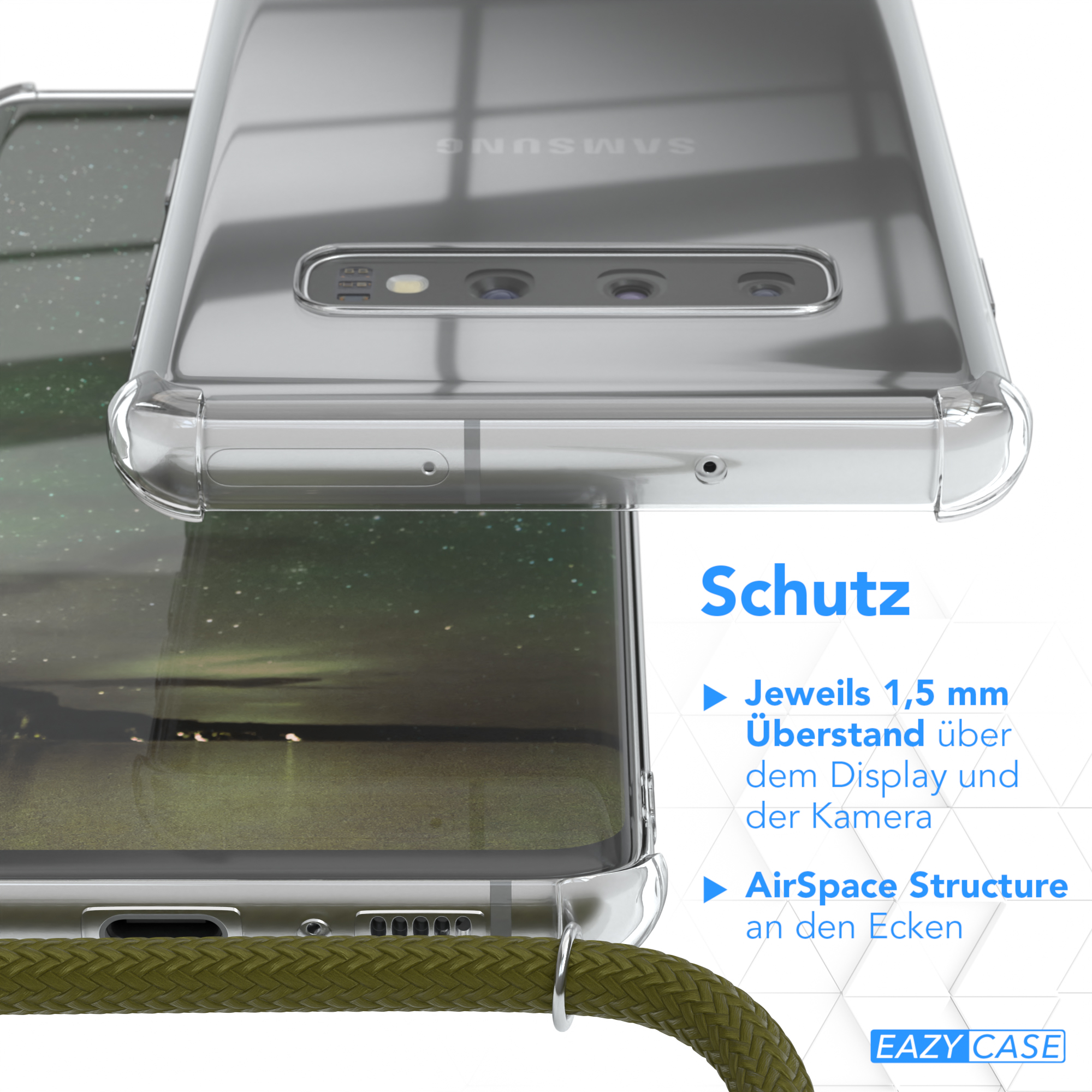Transparente Handyhülle auf einem Telefon, mit grünem Riemen, Text über Schutz.