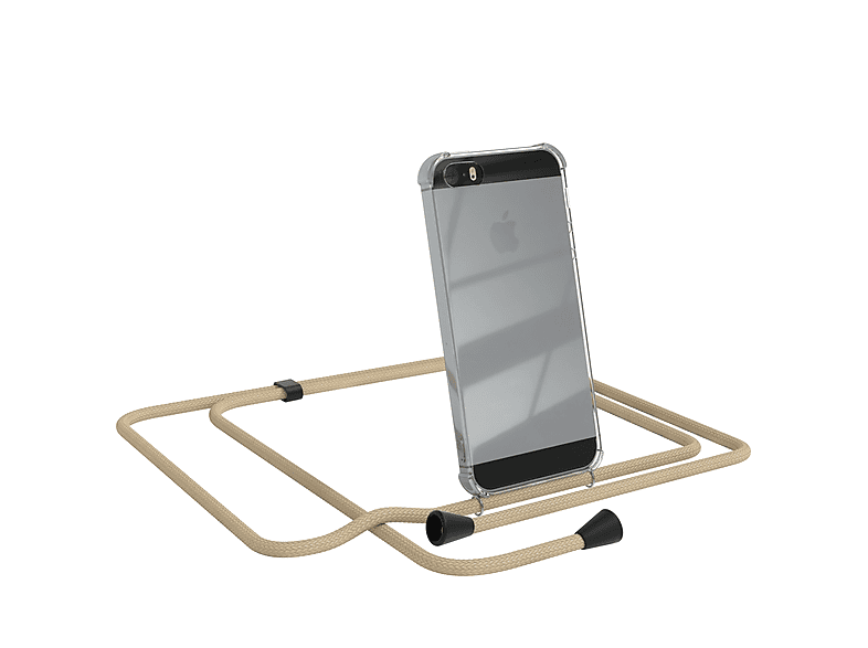 EAZY CASE Clear Cover mit Umhängeband, Umhängetasche, Apple, iPhone SE 2016, iPhone 5 / 5S, Beige Taupe | Handyketten