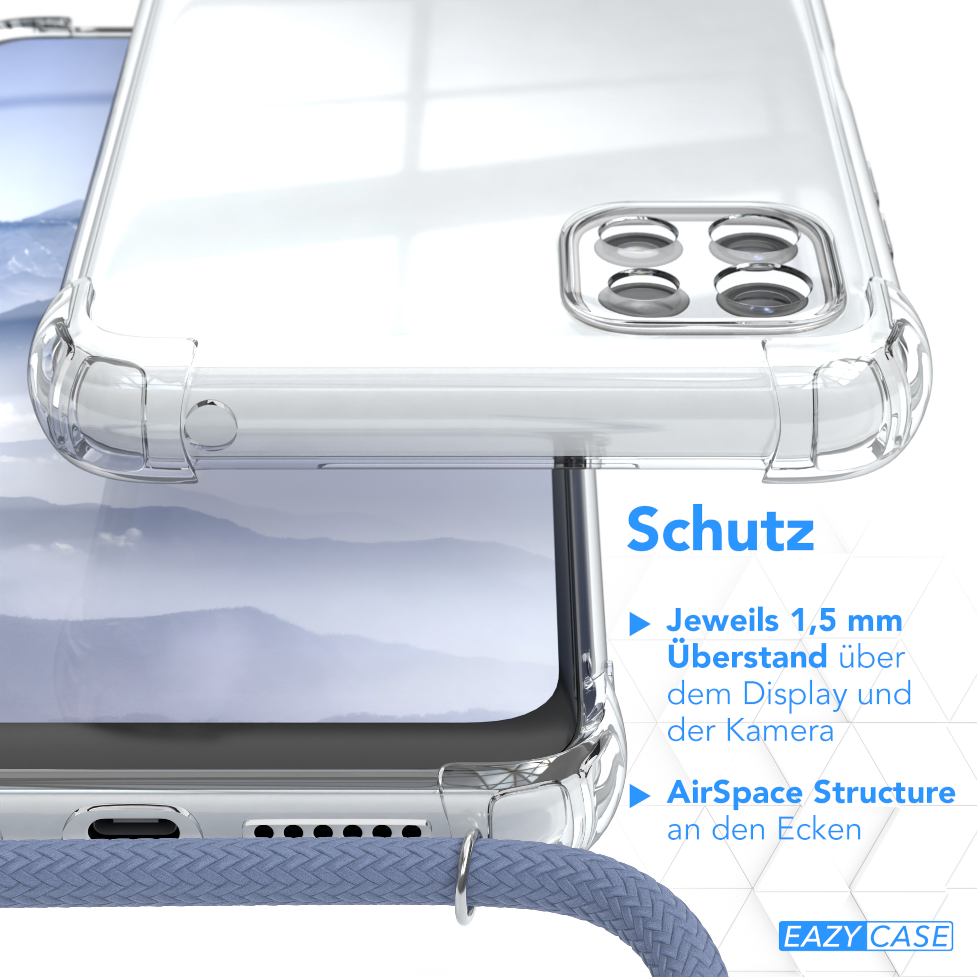 EAZY CASE Clear Cover Umhängetasche, Samsung, Blau A22 mit Galaxy Umhängeband, 5G