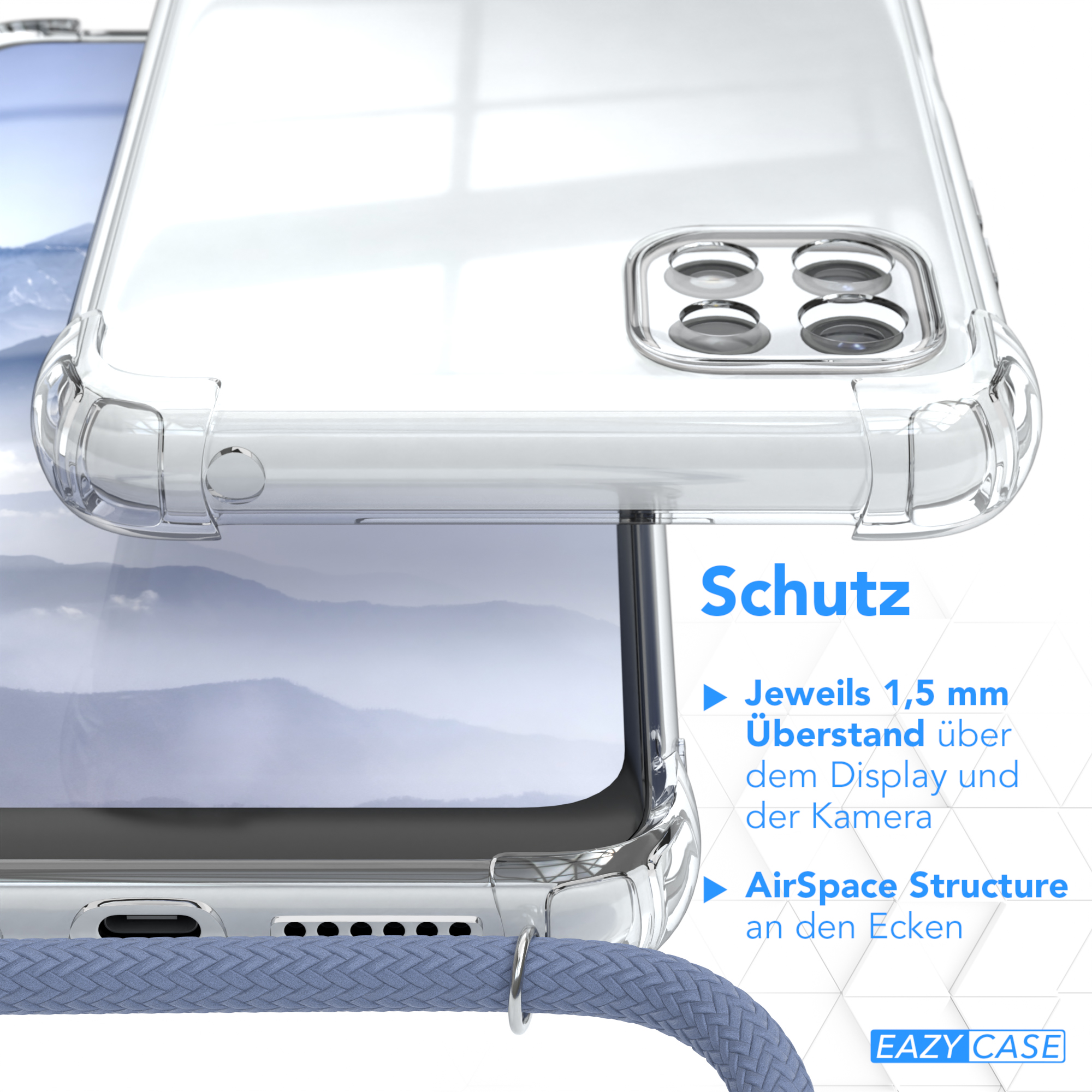 Transparente Handyhülle auf einem Telefon. Text: 'Schutz' und beschreibt die Eigenschaften der Hülle.