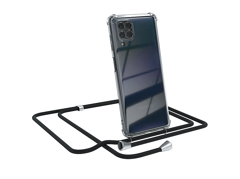 EAZY CASE Clear Cover mit Umhängeband, Umhängetasche, Samsung, Galaxy M22 / M32 / A22 4G, Schwarz / Clips Silber
