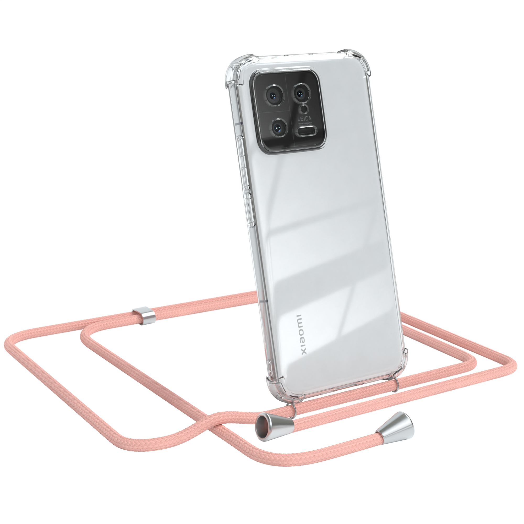 Transparente Handyhülle mit pinkem Lanyard und Xiaomi-Telefon. Leica-Logo.