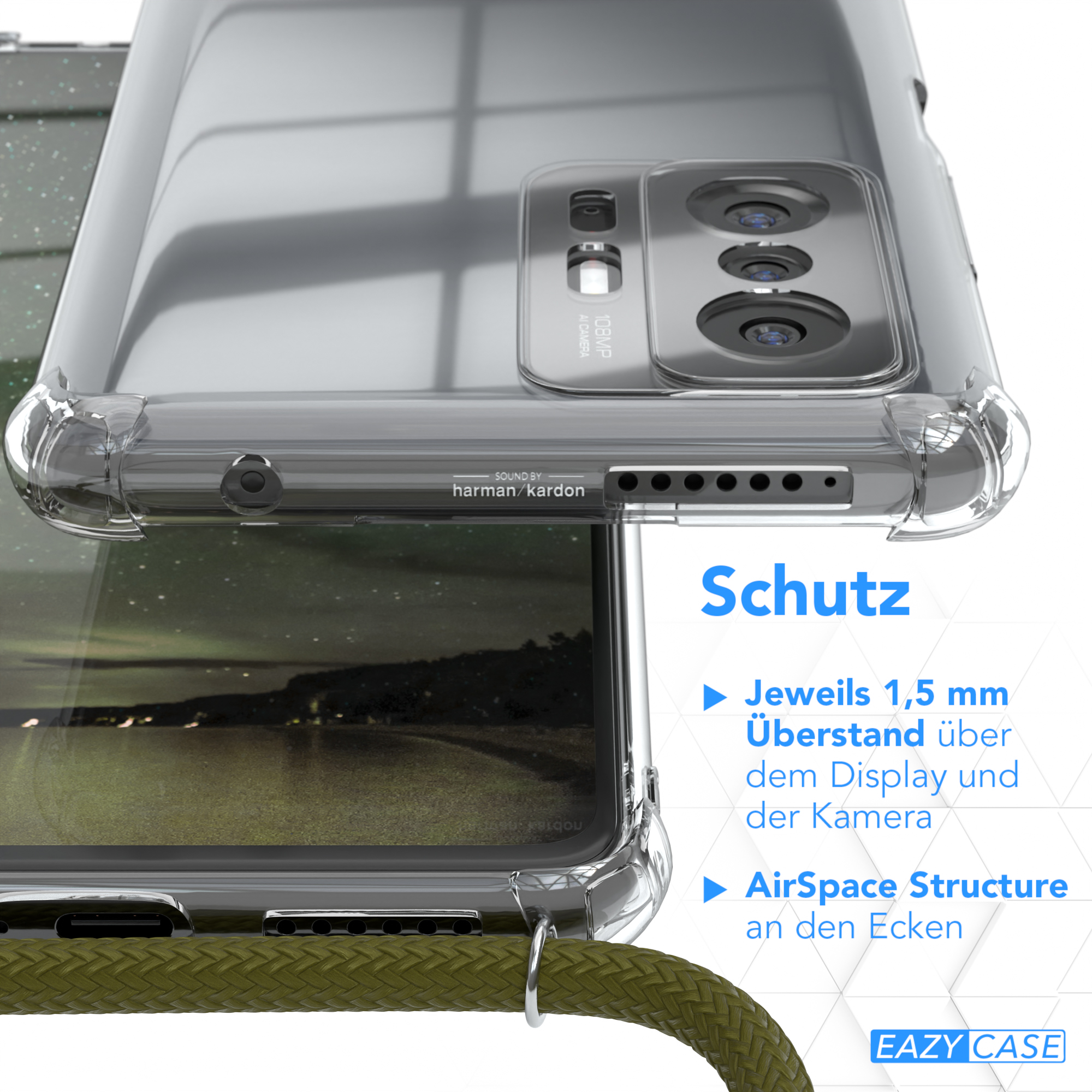 Transparente Handyhülle auf dem Telefon, zeigt die Kamera und grünes Band durch das Loch.
