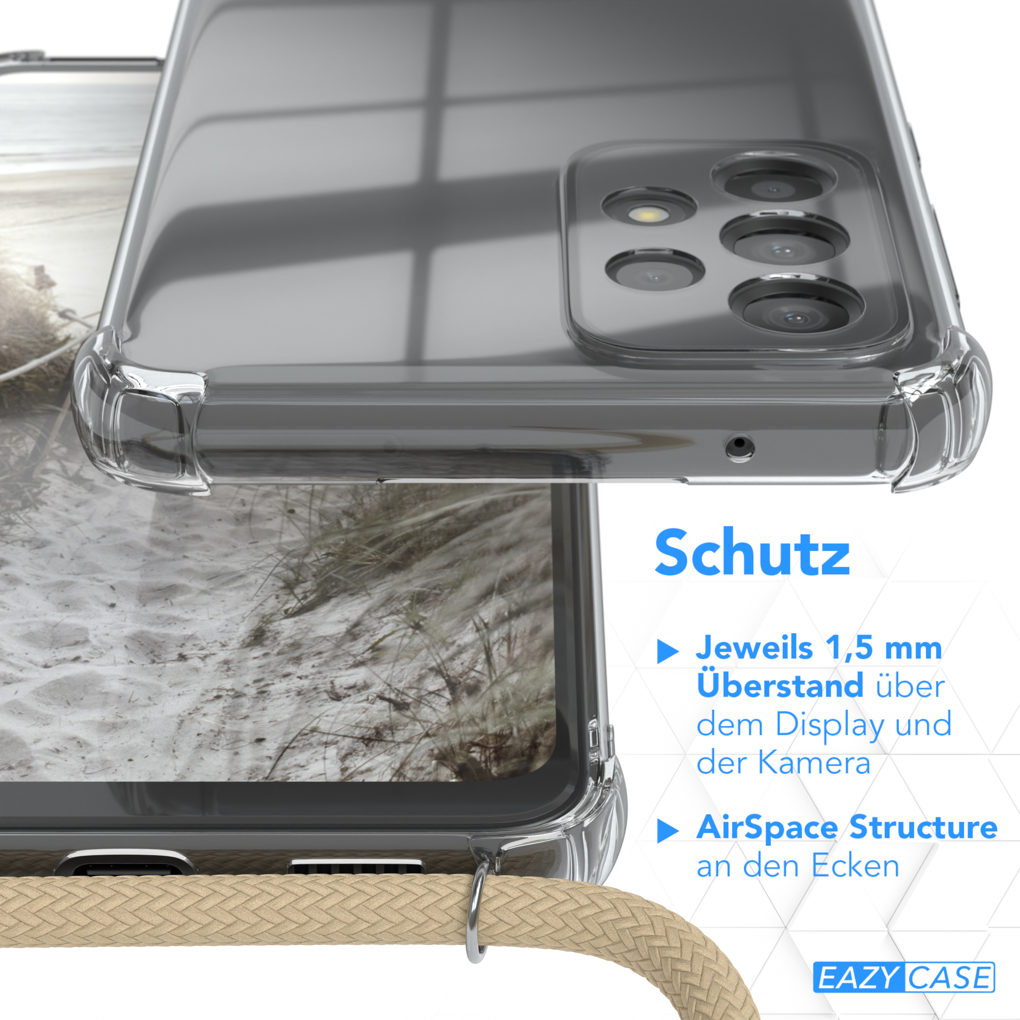 Nahaufnahme der Handyhülle. Transparente Hülle, Text: Schutz. Funktionen sind mit Pfeilen aufgelistet.