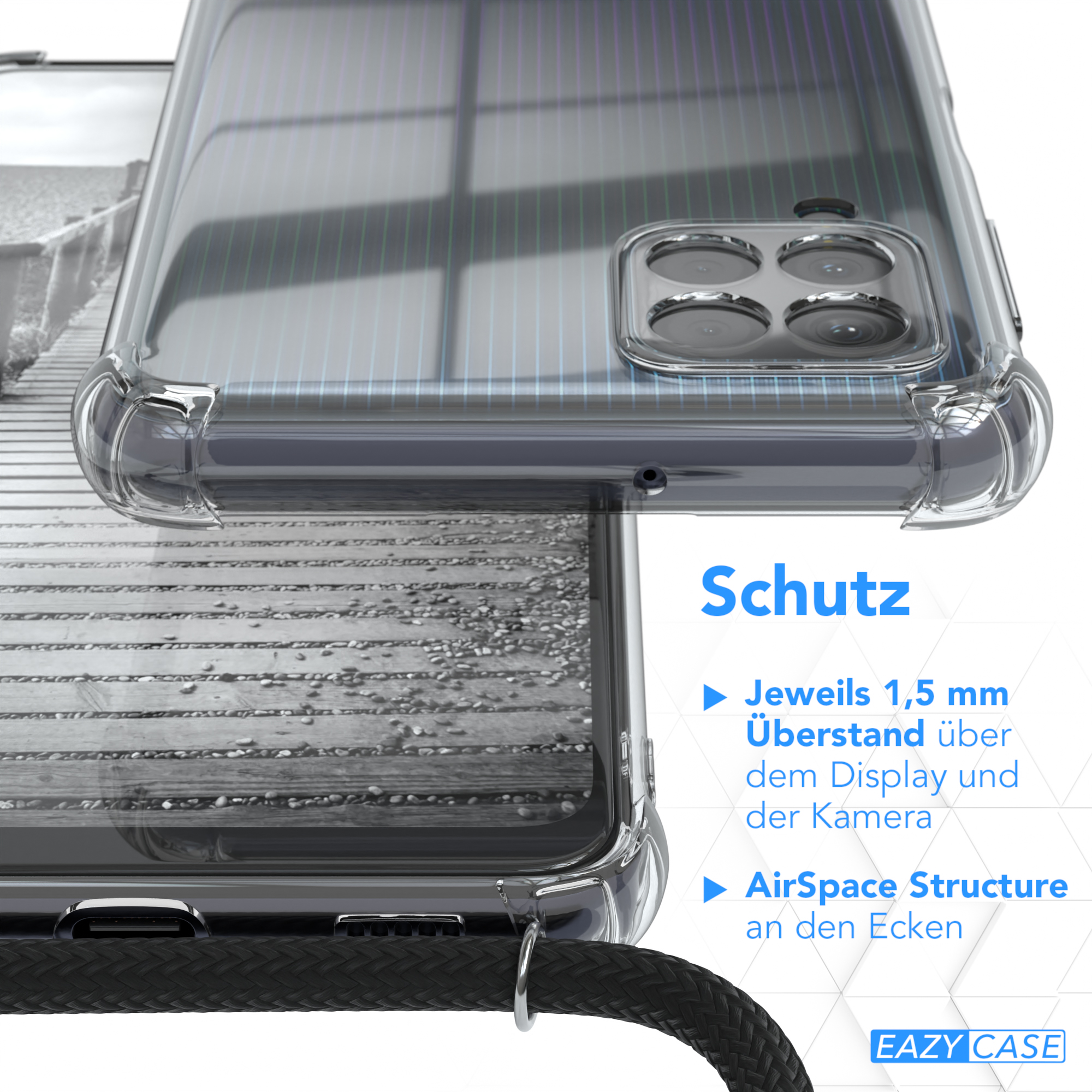 EAZY CASE Clear Cover Umhängetasche, Samsung, M22 Umhängeband, / Galaxy / 4G, Silber mit M32 Clips / Schwarz A22