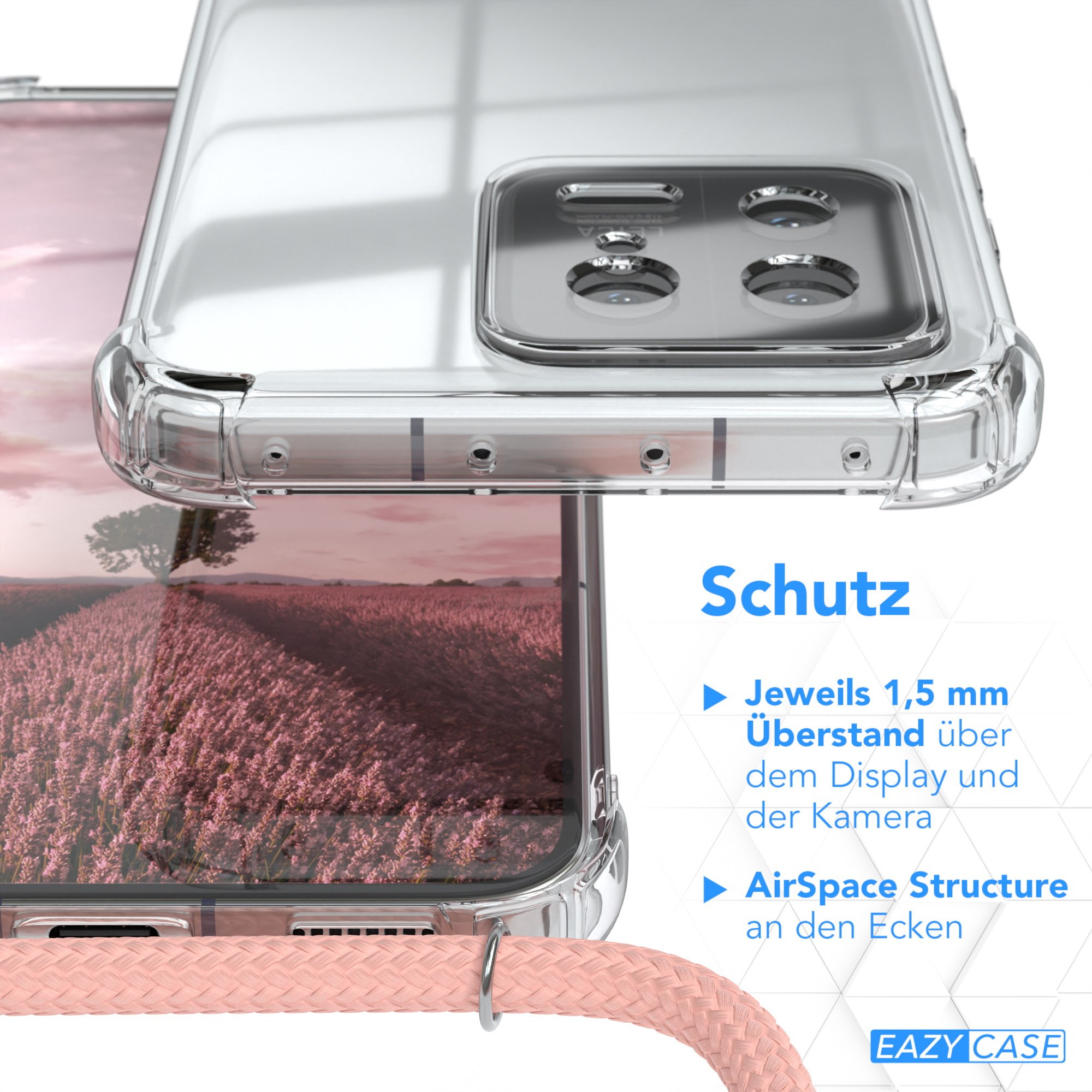 Nahaufnahme von Handyhülle und rosa Lanyard. Text auf Deutsch: Schutz und Informationen zur Hülle.