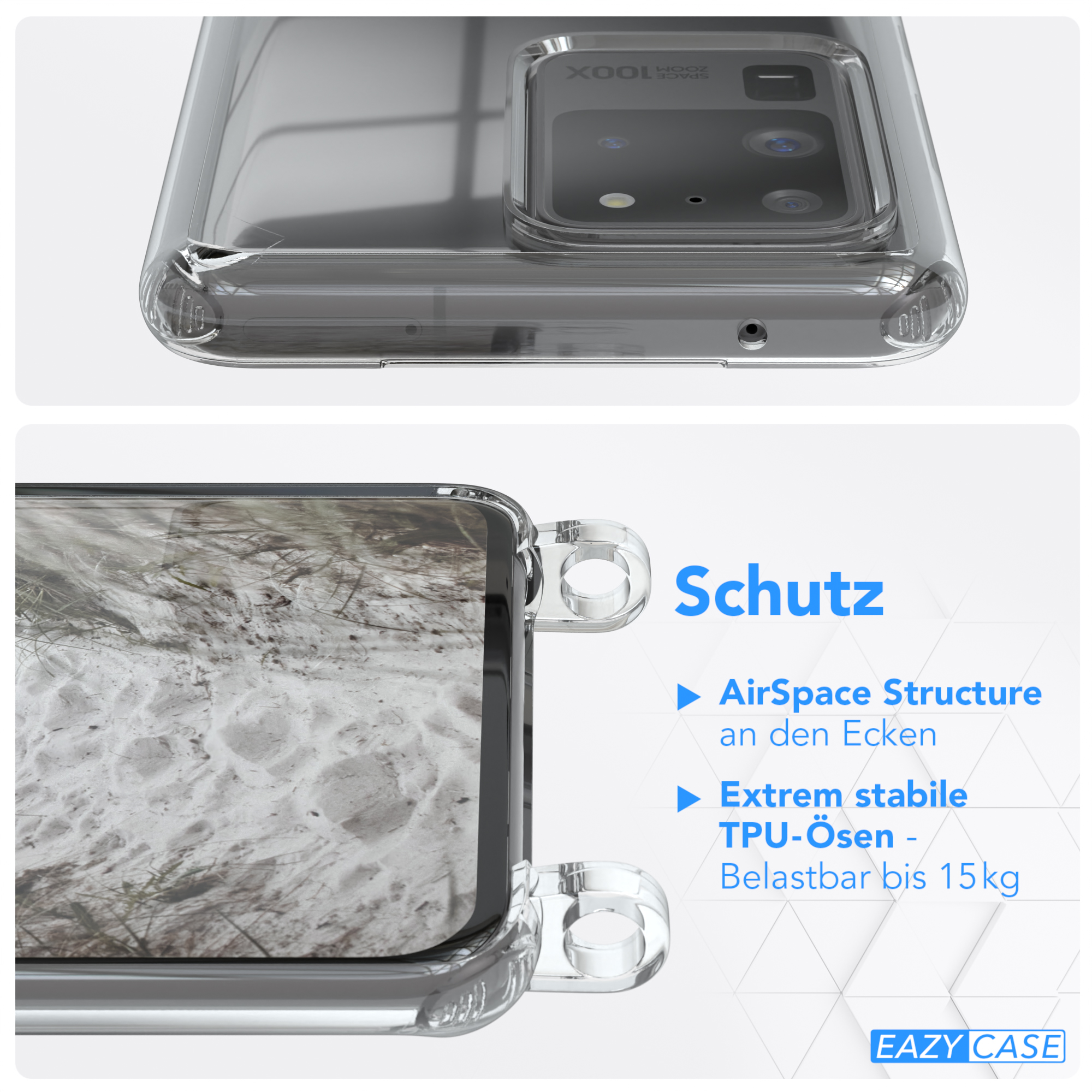 EAZY CASE Taupe mit Umhängetasche, S20 Galaxy Ultra Umhängeband, Clear Cover / S20 Beige Ultra Samsung, 5G