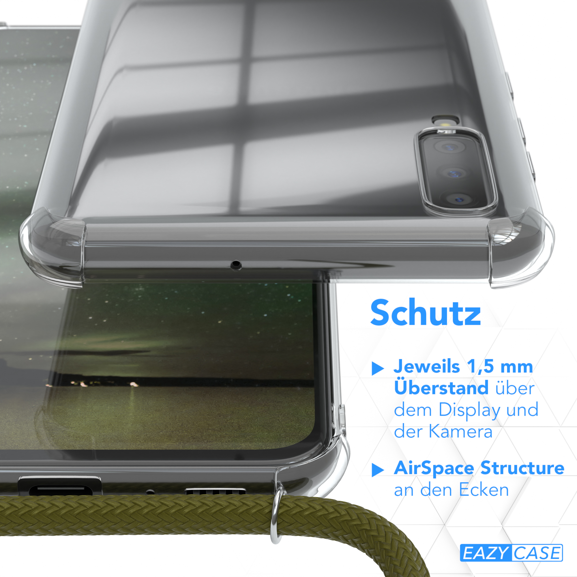 EAZY A70, Galaxy Umhängetasche, Samsung, Olive mit Cover Umhängeband, Grün Clear CASE