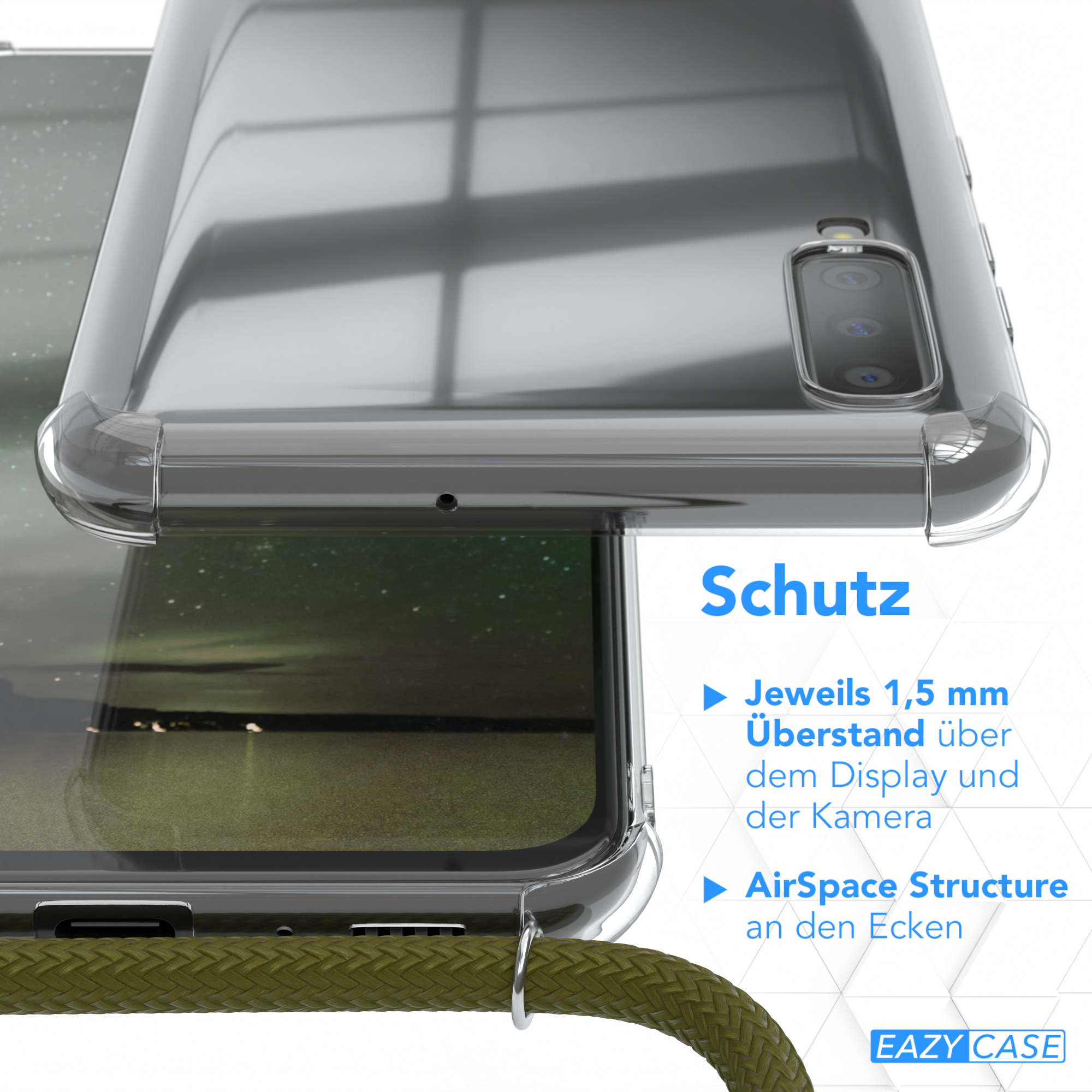 Nahaufnahme einer Handyhülle. Der Hintergrund zeigt ein Telefon und eine klare Hülle mit Seil.