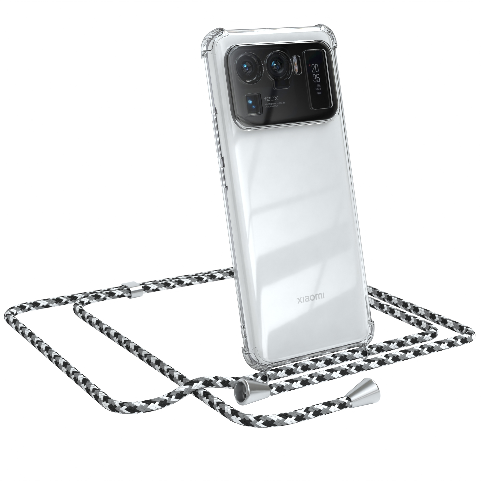 Transparente Handyhülle mit schwarz-weißem Schlüsselband, Telefon angewinkelt. Xiaomi-Logo.