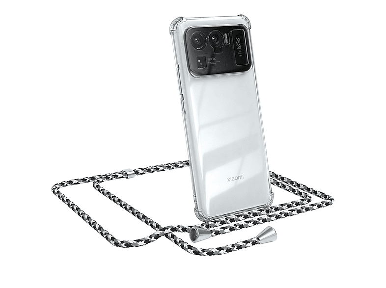 EAZY CASE Clear Cover mit Umhängeband, Umhängetasche, Xiaomi, Mi 11 Ultra, Schwarz Camouflage / Clips Silber