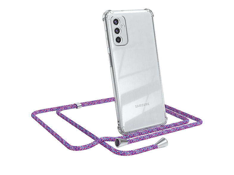 EAZY CASE Clear Cover mit Silber Clips Umhängetasche, Samsung, 5G, Lila Umhängeband, / Galaxy M52