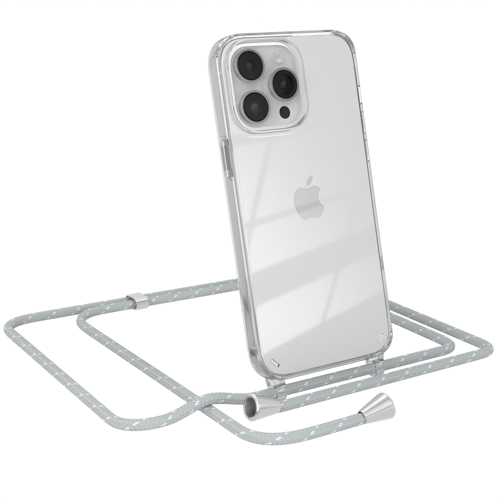 iPhone mit klarer Hülle und grauem Seil. Die Hülle ist transparent und zeigt die Rückseite.
