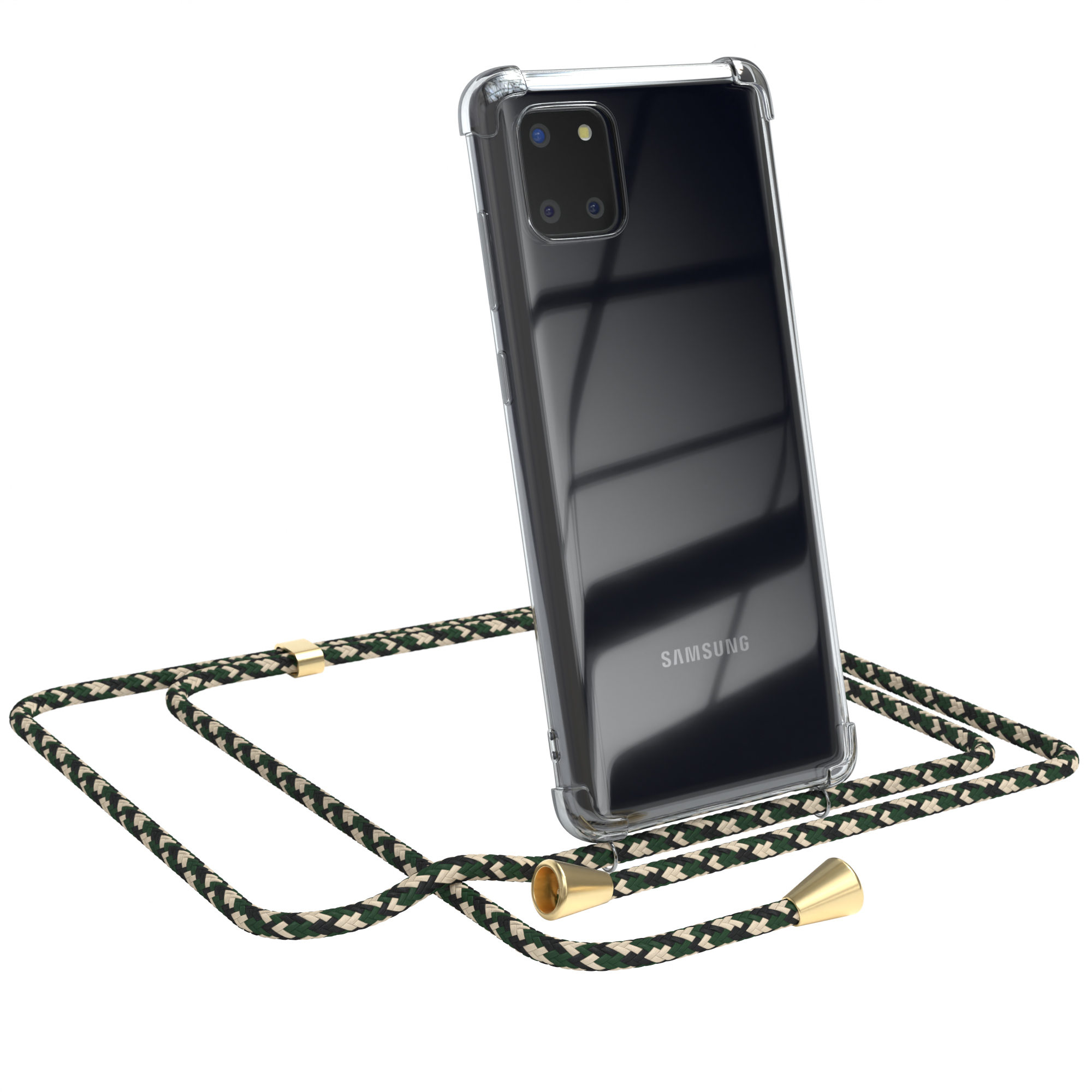 Transparente Handyhülle mit grünem und weißem Schlüsselband, goldenen Akzenten. Samsung-Telefon.