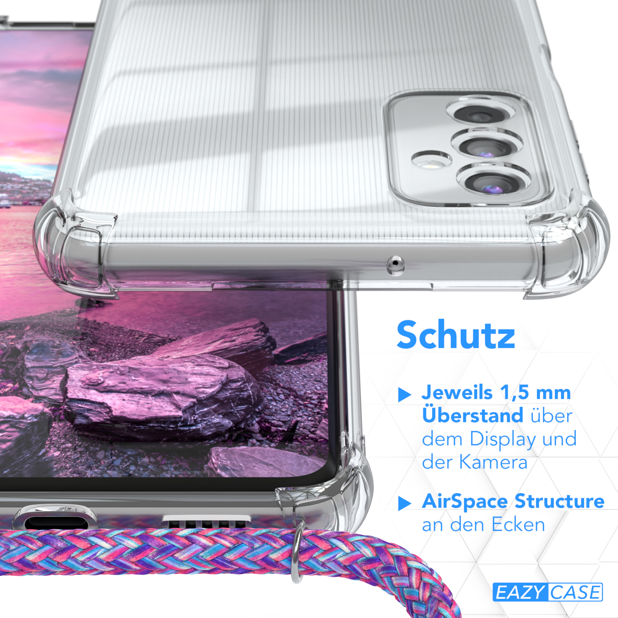 EAZY CASE Clear Cover mit Lila Galaxy M52 Clips Umhängeband, 5G, Umhängetasche, Samsung, / Silber