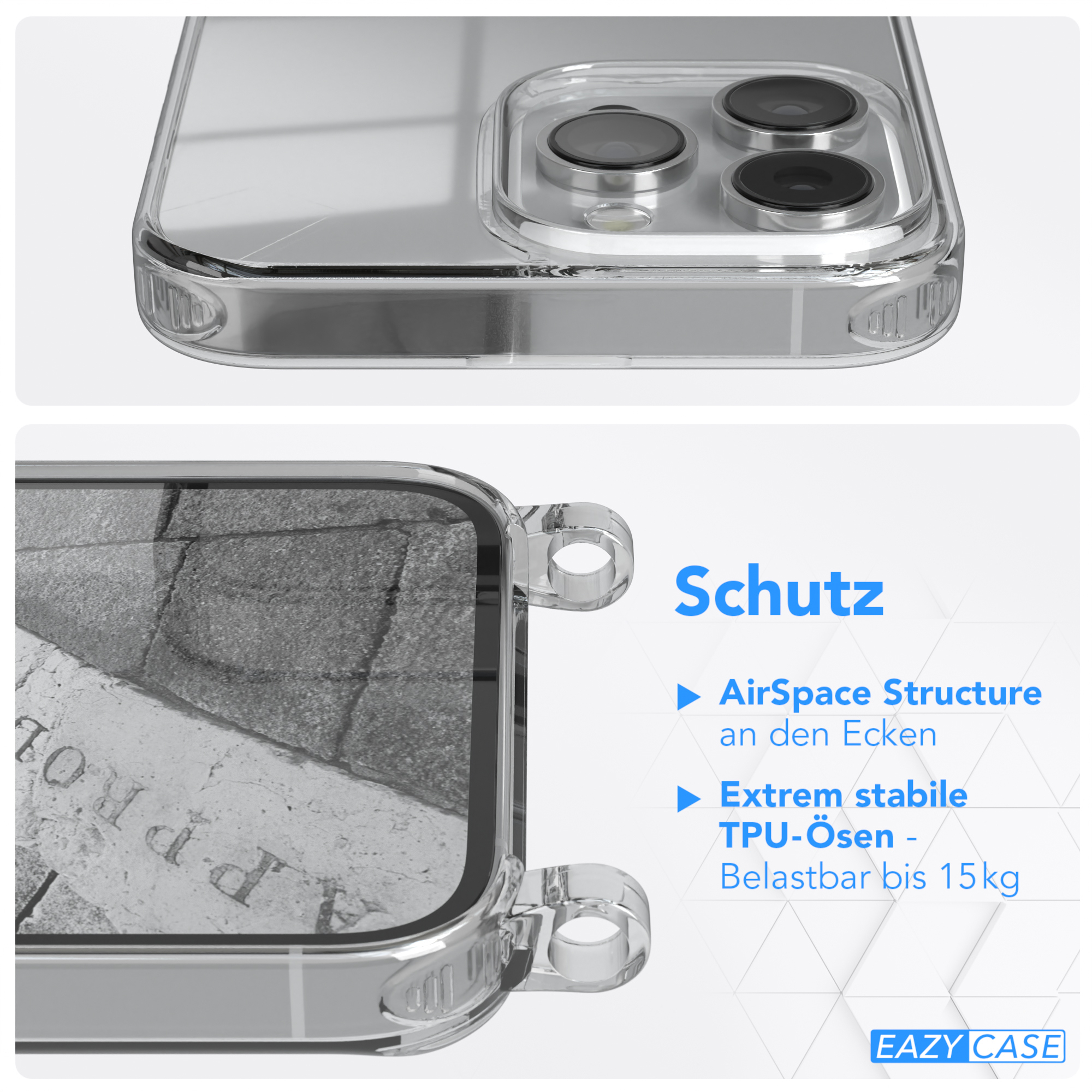 Nahaufnahme einer Handyhülle. Klare Kunststoffhülle mit Telefon. Text und Design Details.