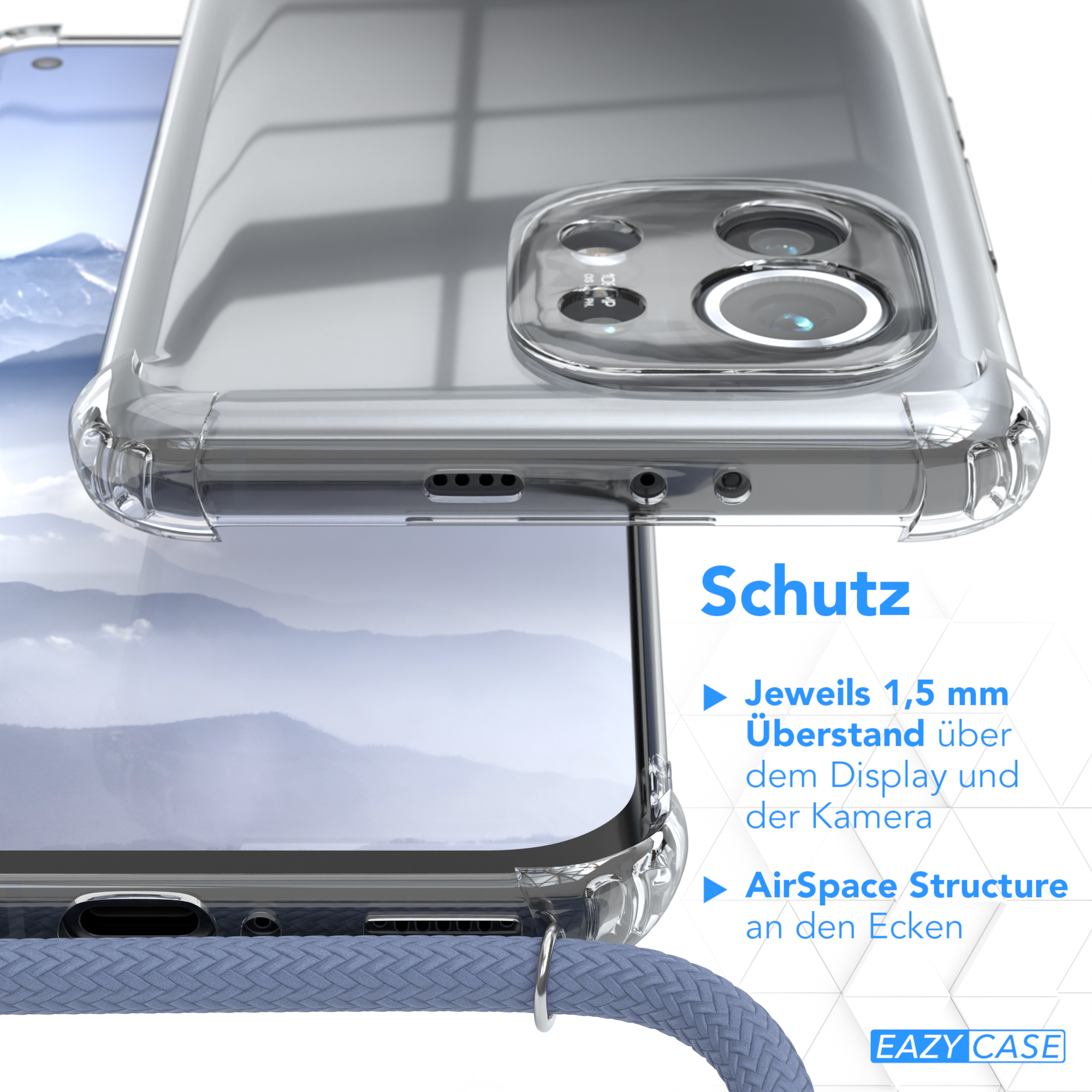 Nahaufnahme einer durchsichtigen Handyhülle. Die Hülle umgibt das Telefon, Kamera sichtbar.