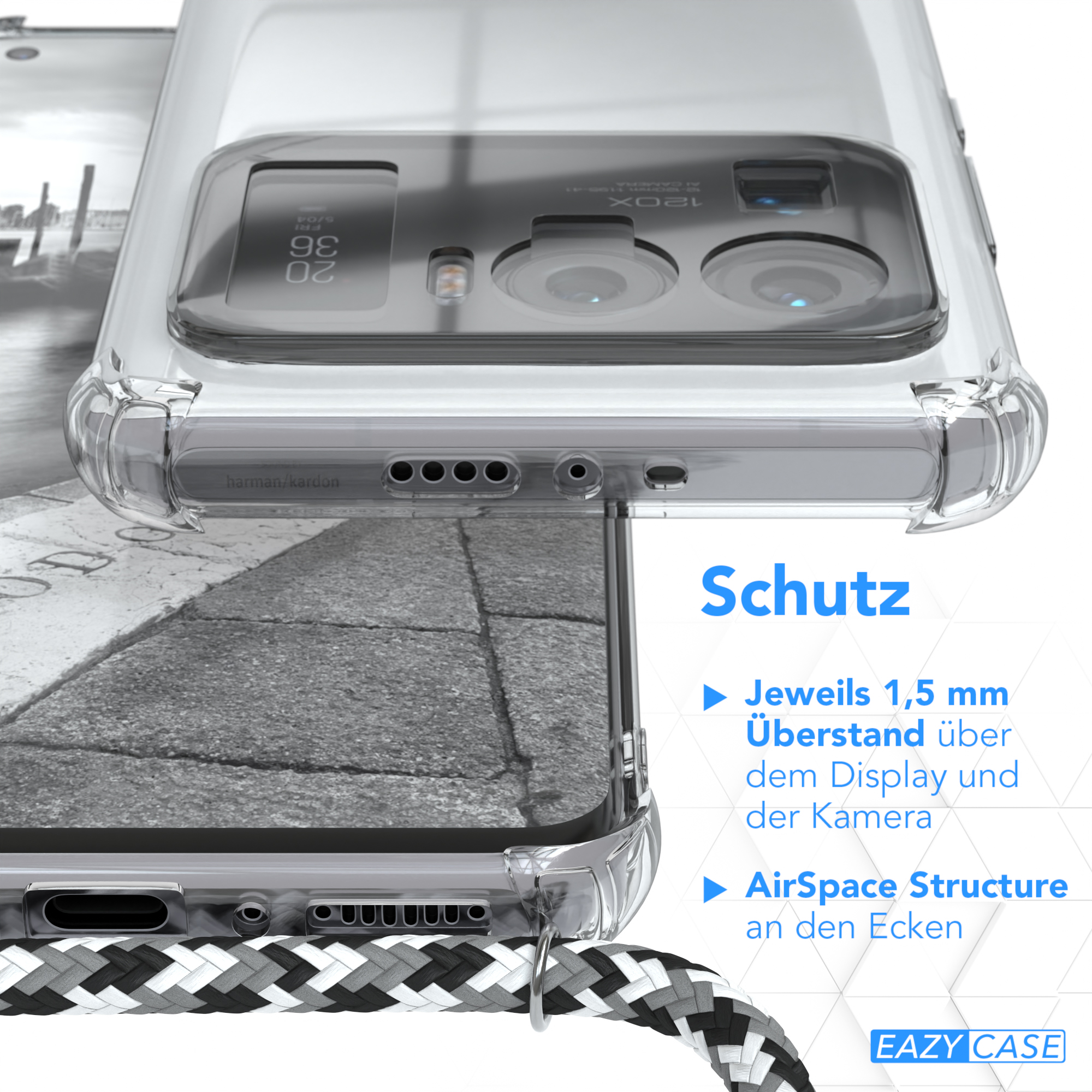 Eine klare Handyhülle über einem Telefon. Text weist auf Schutz und AirSpace Structure hin.
