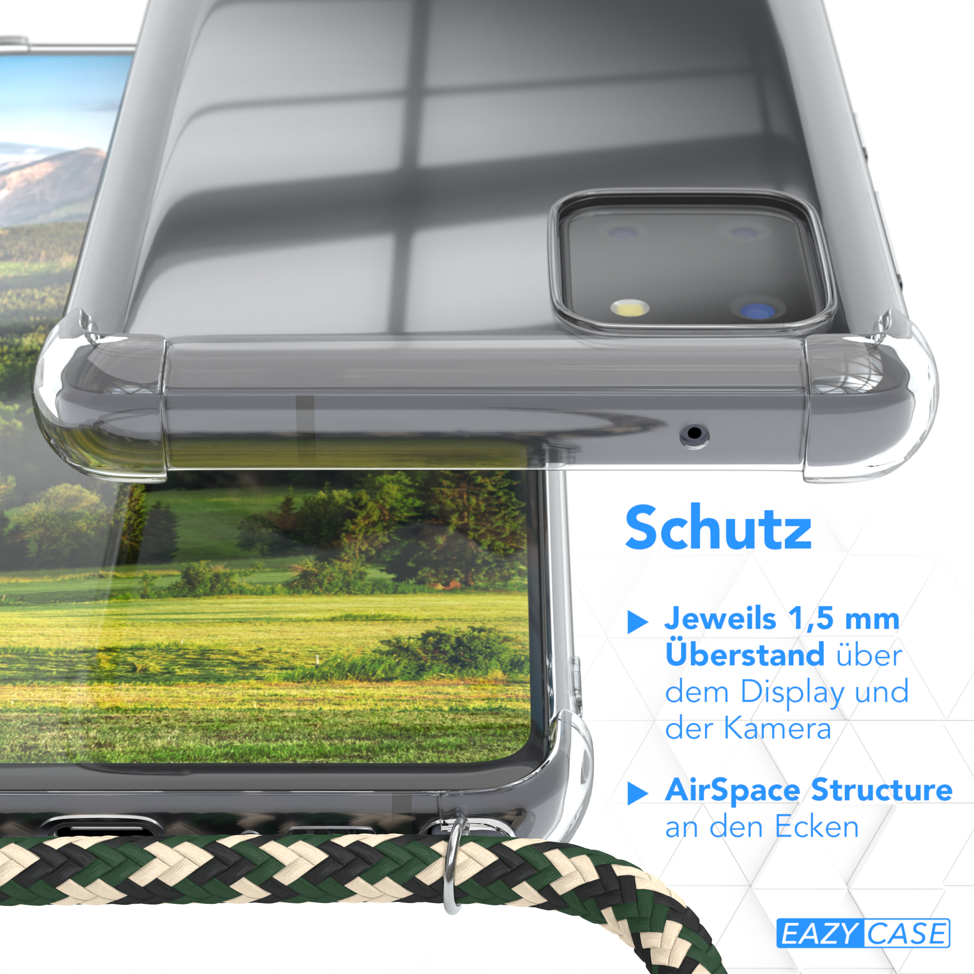 Nahaufnahme einer transparenten Handyhülle mit grün-schwarzem Handyband und einem Telefon.