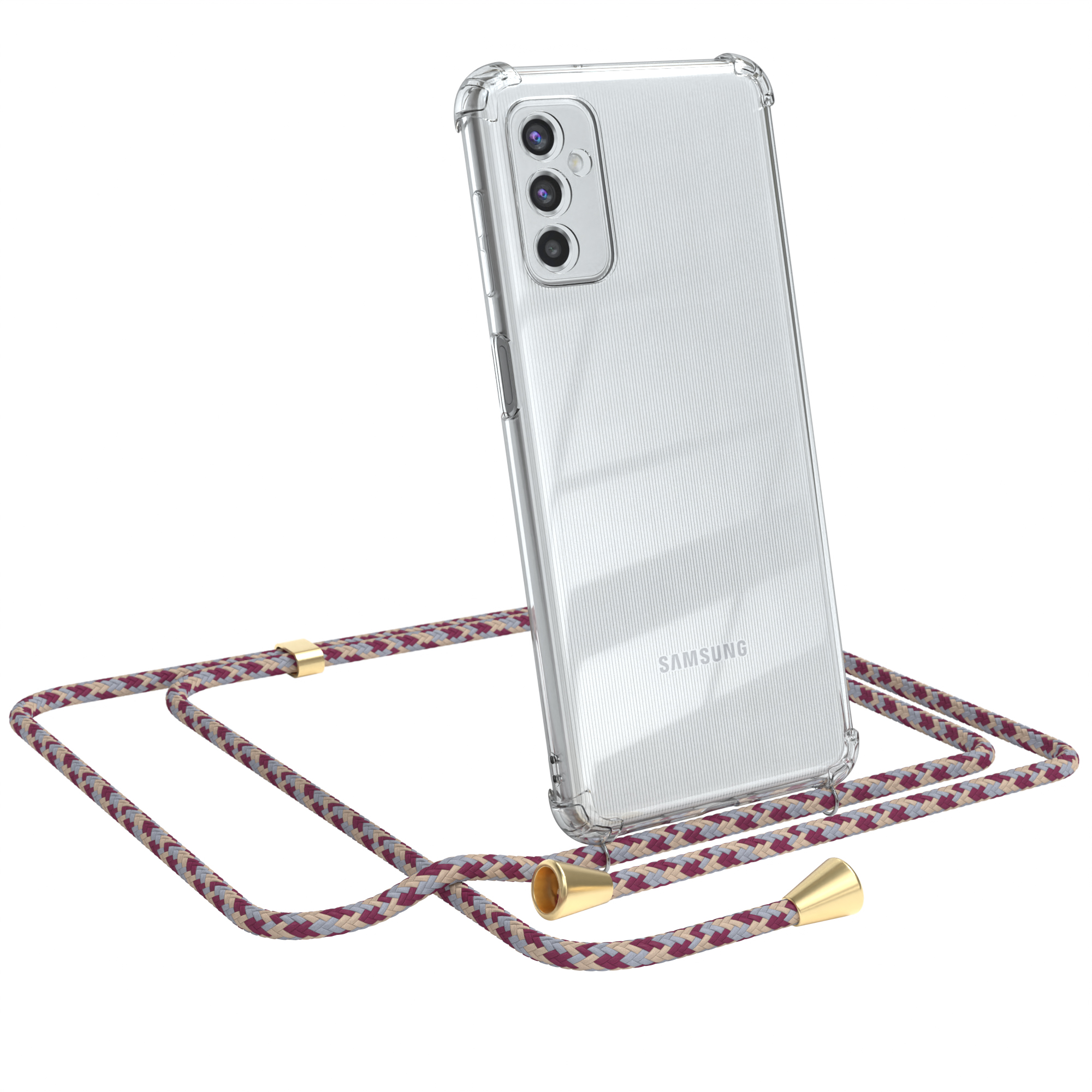 Transparente Handyhülle mit rot/lila Band. Samsung-Logo sichtbar.