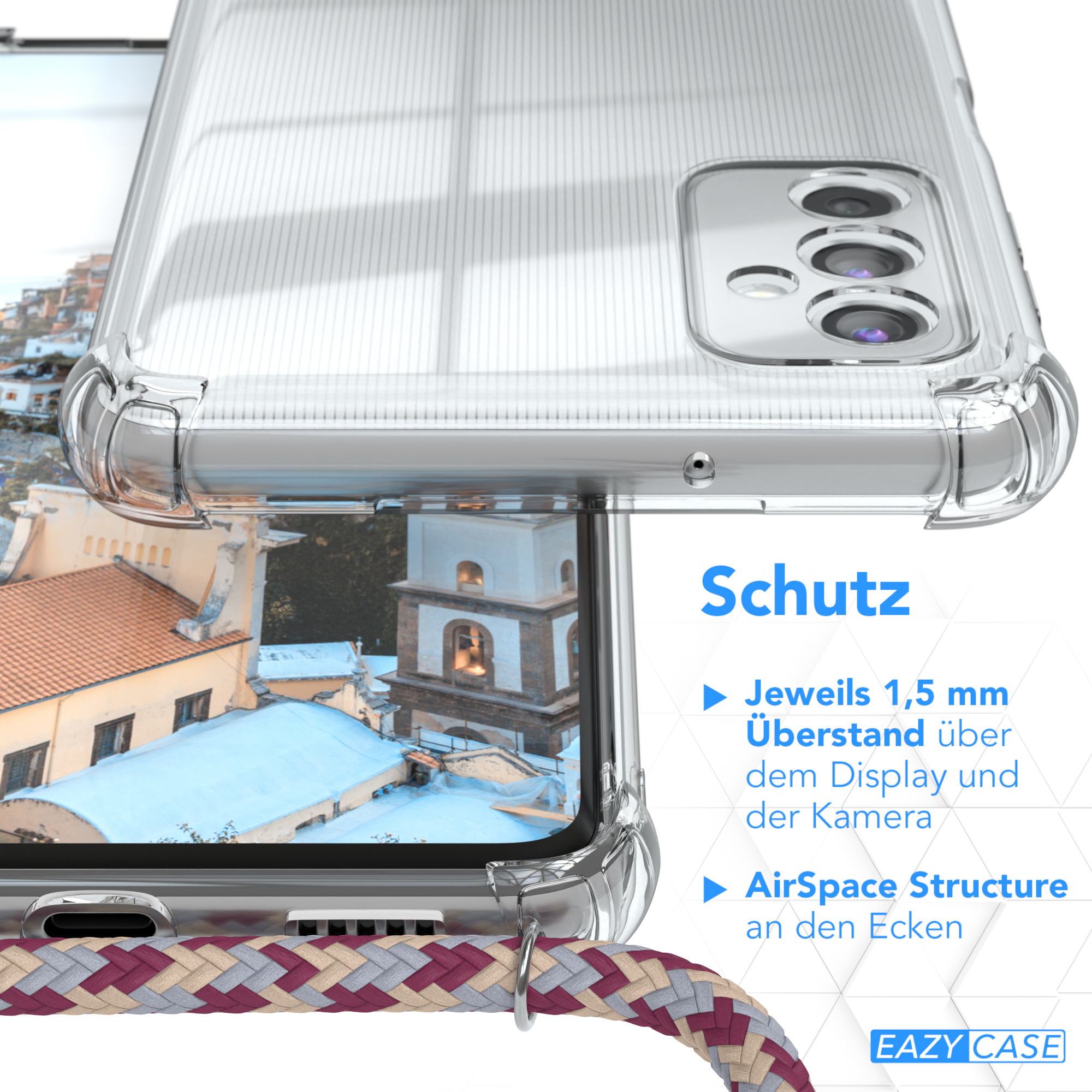 Klare Handyhülle über einem Stadtbild. Schützende Eigenschaften sind aufgelistet.
