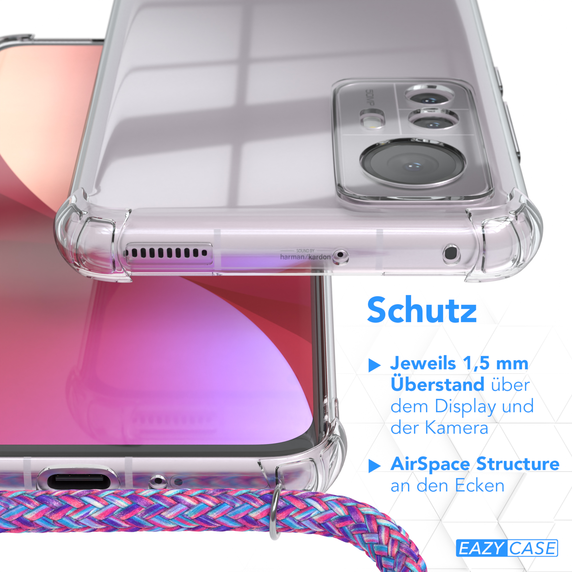 EAZY CASE Clear Cover mit Silber Lila Umhängeband, / 12X, / Clips 12 Xiaomi, Umhängetasche