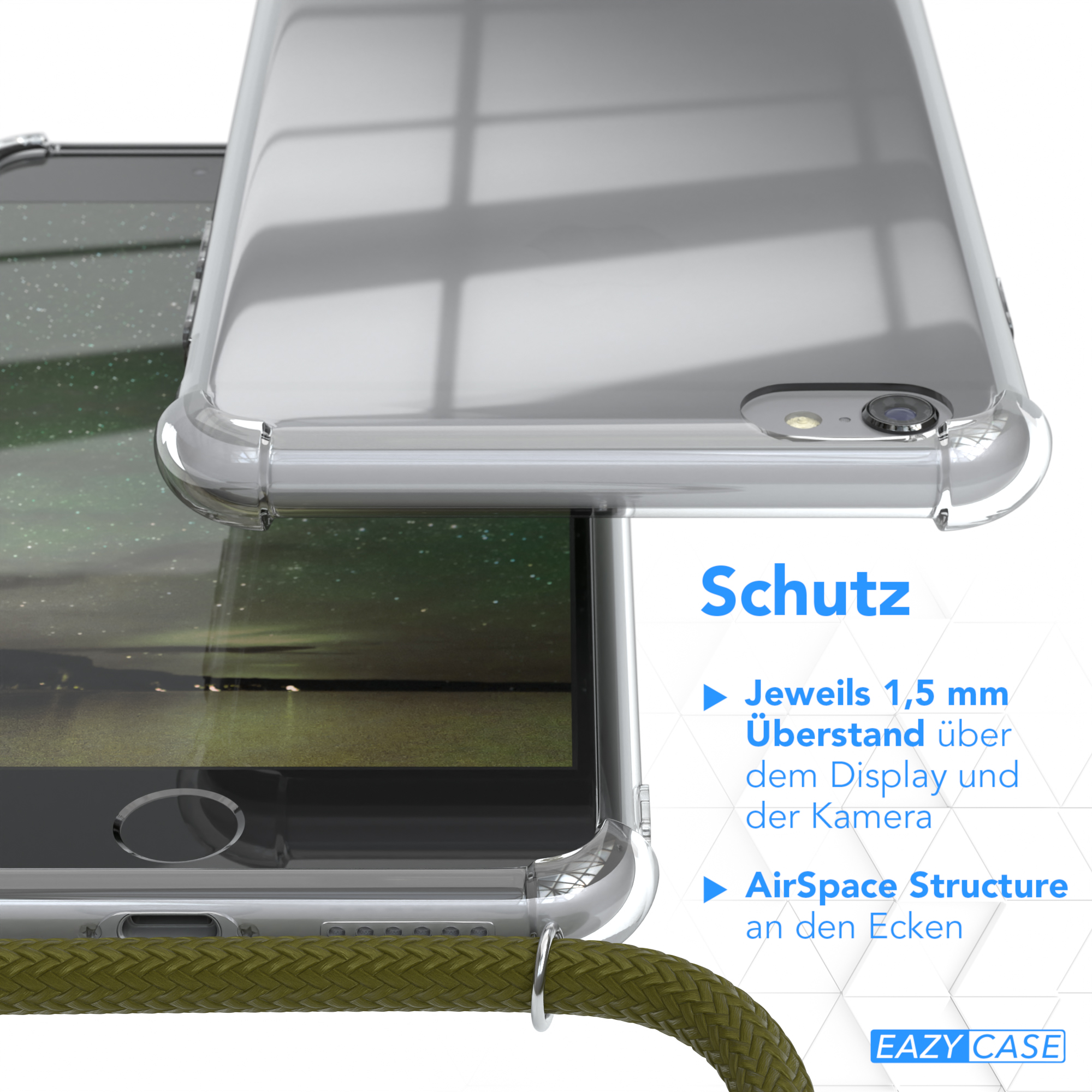 EAZY CASE Clear Cover 6 Olive Apple, Umhängetasche, iPhone 6S, Grün / Umhängeband, mit