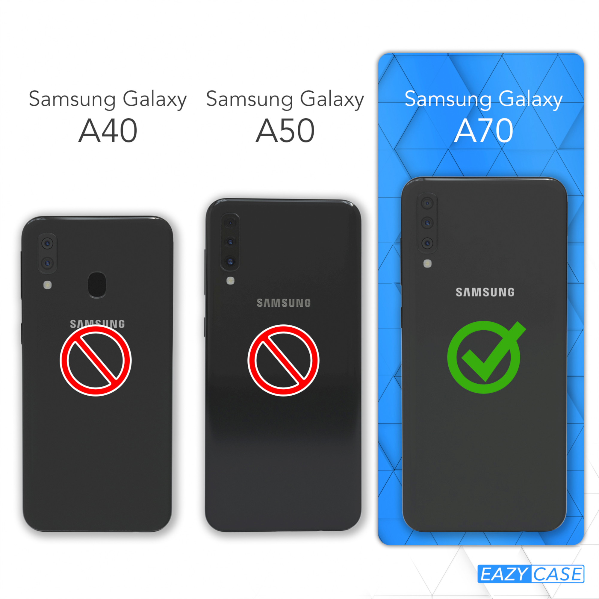 Vergleich von Telefonmodellen: Samsung Galaxy A40, A50 (rotes Kreuz) und A70 (grünes Häkchen).