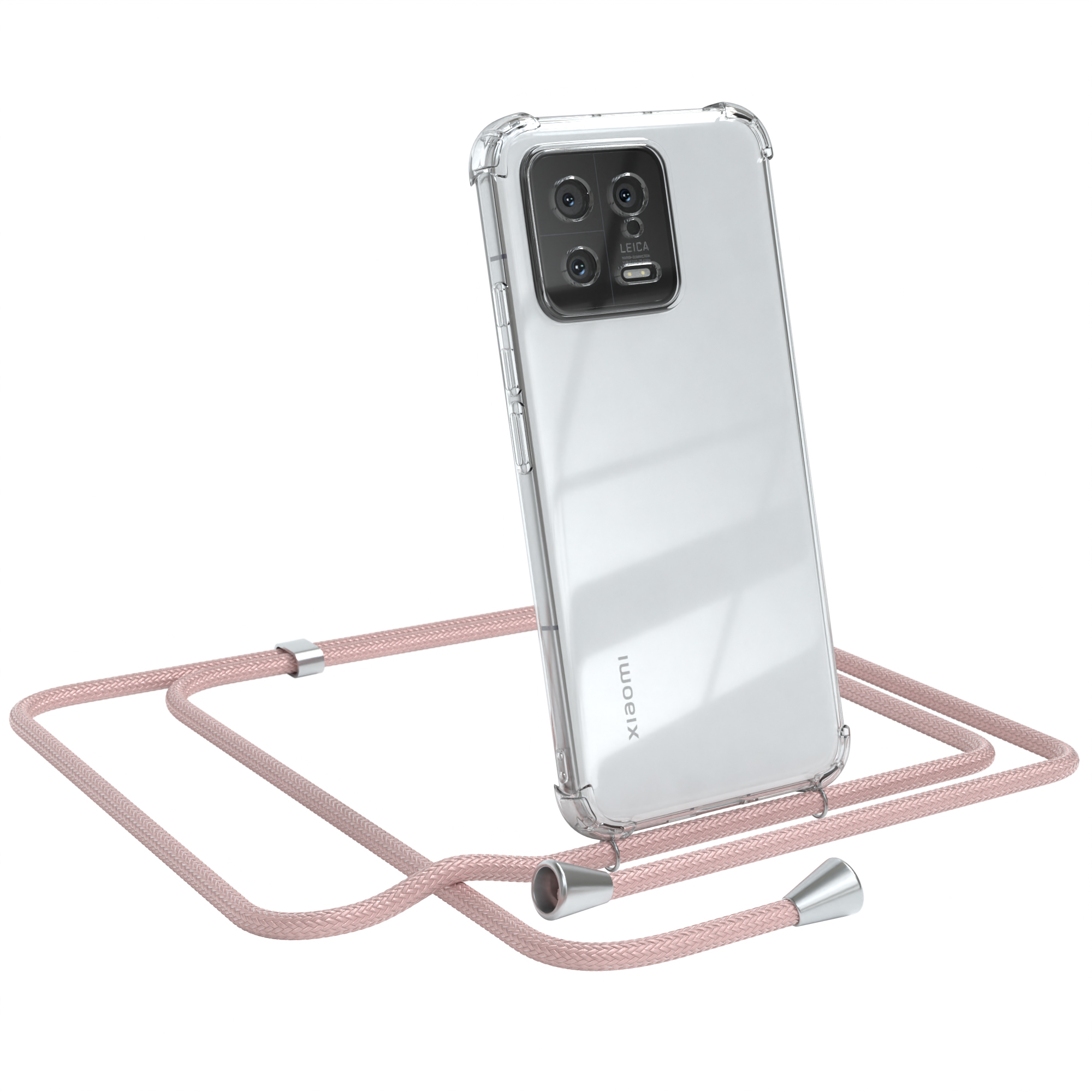 Transparente Handyhülle mit rosa Band. Xiaomi-Logo sichtbar. Weißer Hintergrund. Telefon abgewinkelt.