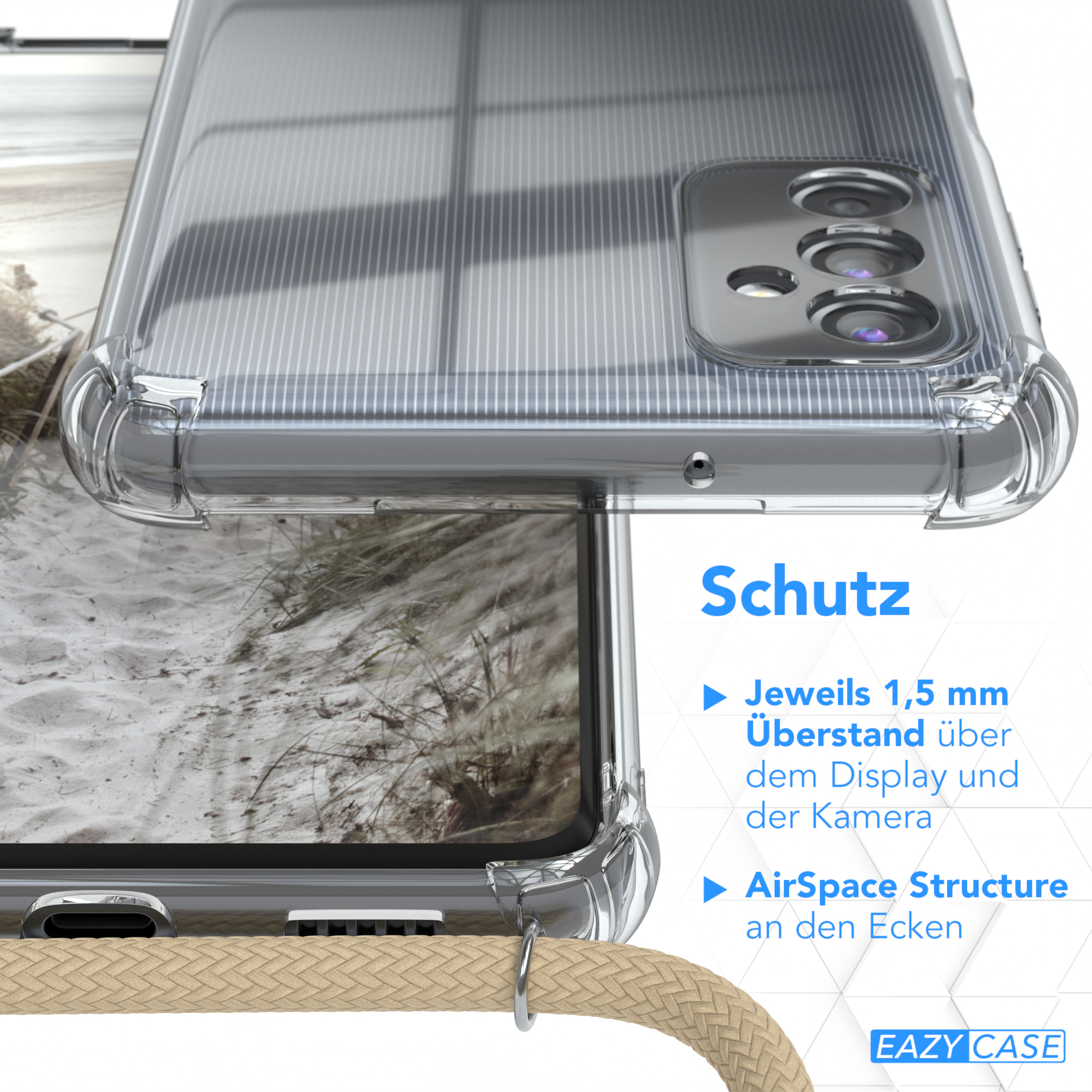 M52 EAZY Taupe Samsung, Umhängetasche, 5G, Galaxy CASE mit Clear Cover Beige Umhängeband,