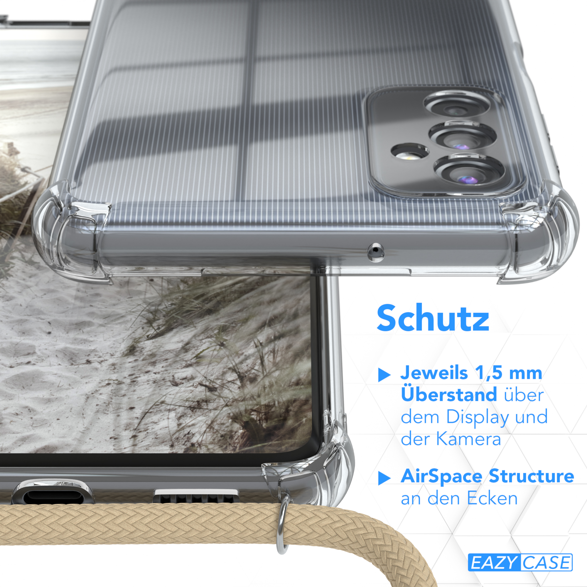 Transparente Handyhülle über einem Bild, mit einem Kabel befestigt.