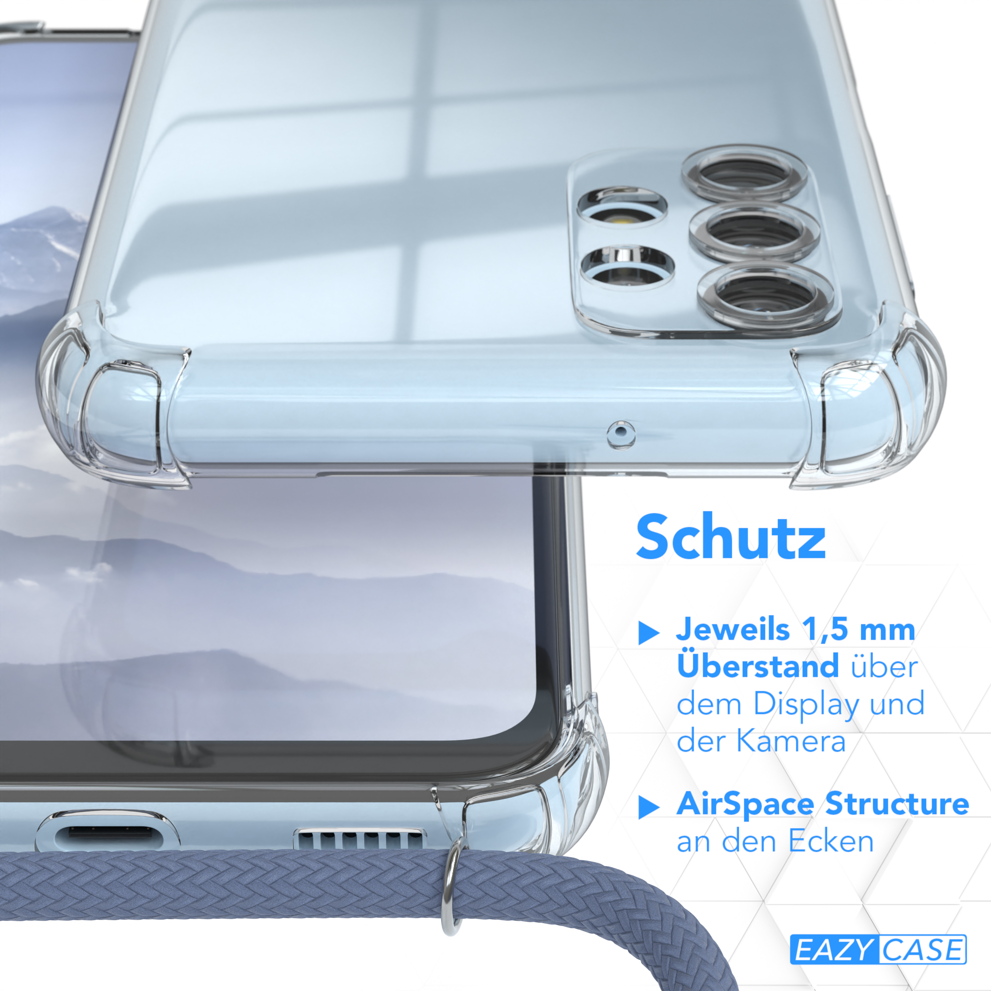 Eine Handyhülle wird gezeigt, mit der Hülle und einem detaillierten Nahaufnahme mit blauem Text auf weißem Hintergrund.