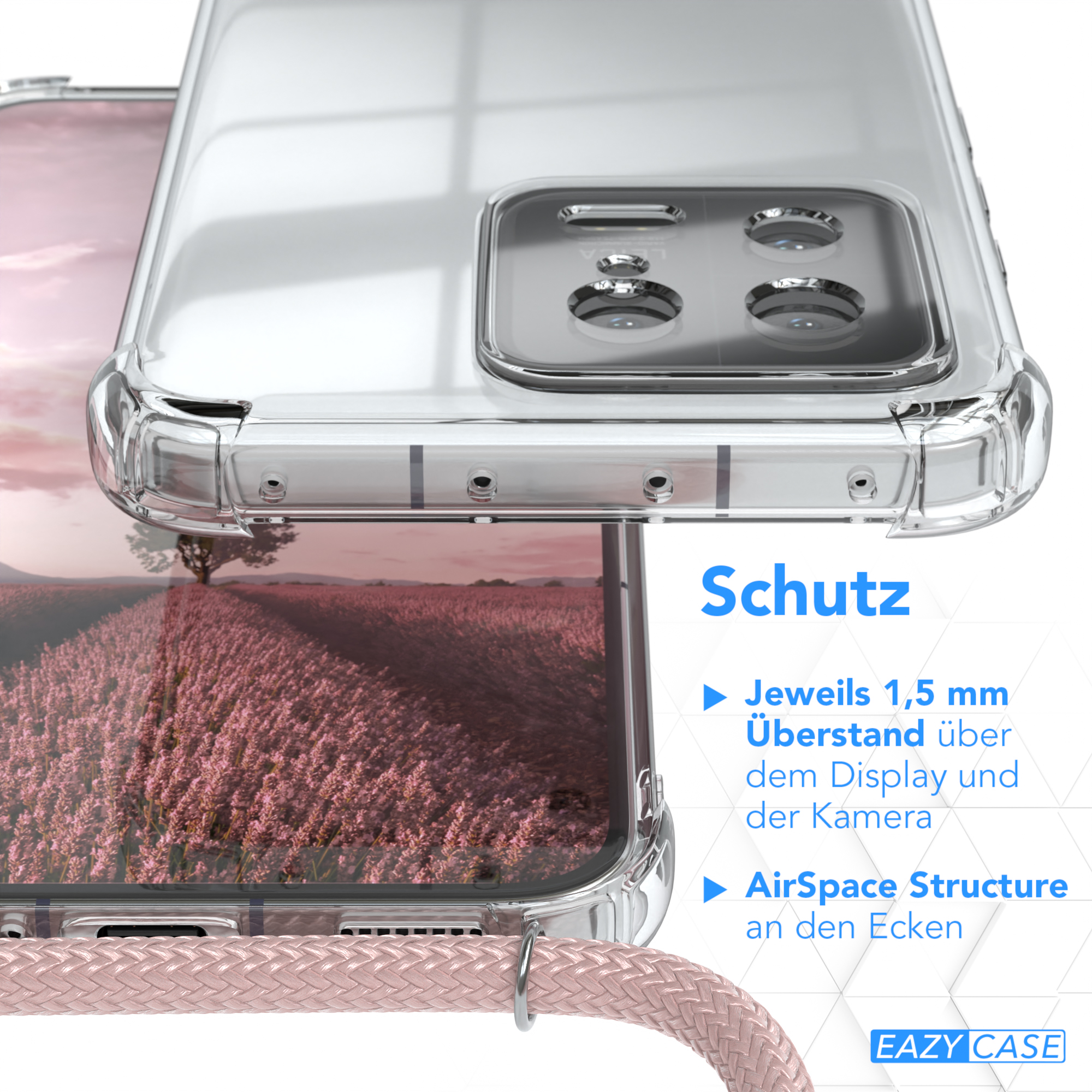 Transparente Handyhülle mit rosa Riemen. Die Hülle hebt die Kamera des Telefons hervor. Der Hintergrund zeigt ein Feld.